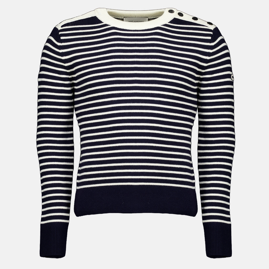 Sweatshirts Blauer gestreifter Wollpullover Ami PARIS Bleu foncé Unisexe
