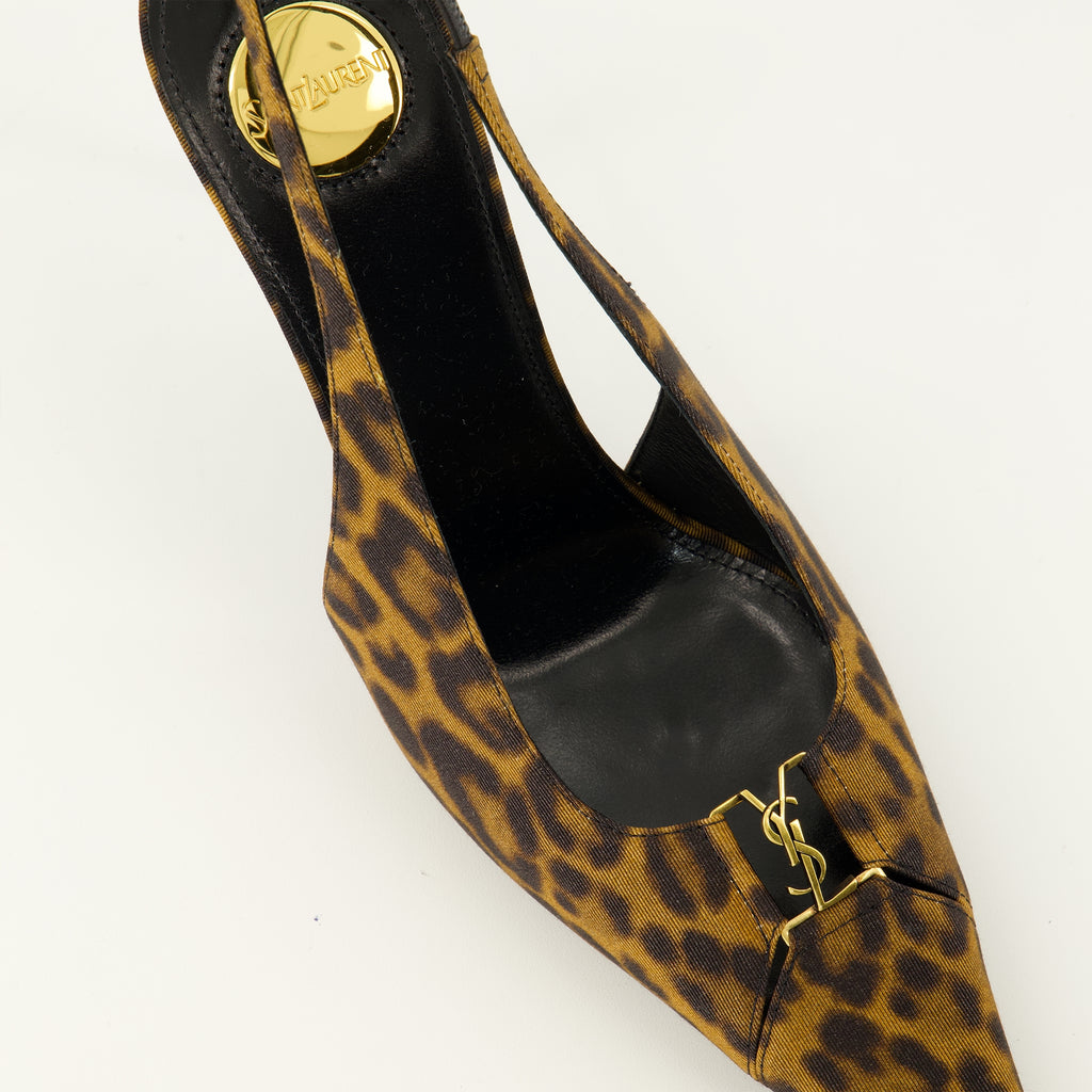 Escarpins Slingbacks Babylone Breteuil en léopard Saint Laurent Marron Femme