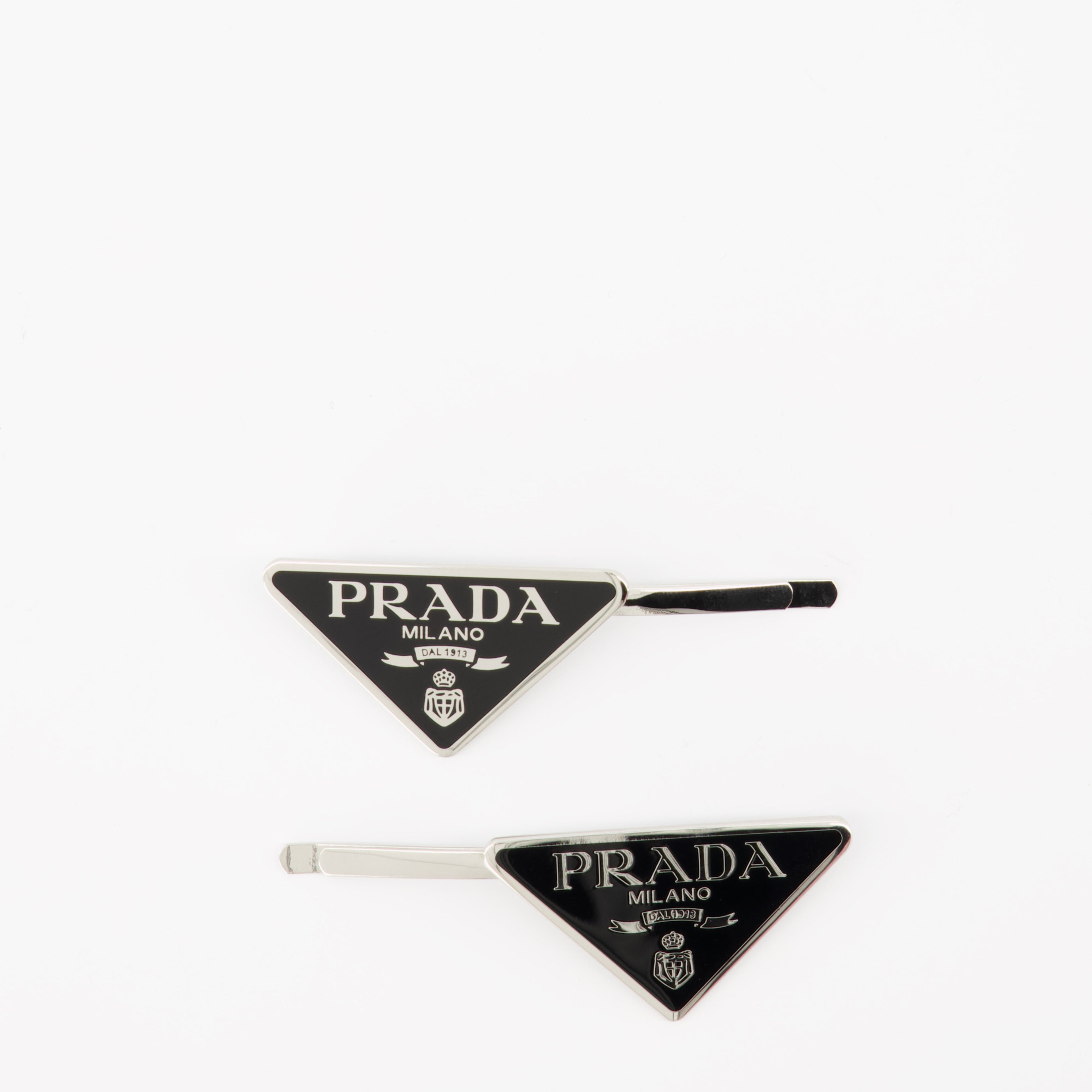 Image of the black hair clips by Prada for Women - Spring-Summer 2026 - Front View