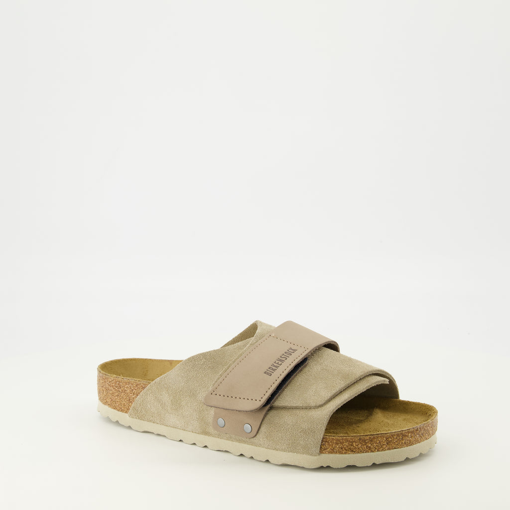 Image of the Beige Suede Kyoto Sandals by Birkenstock for Unisex - Spring-Summer 2026 - Front-Right Three-Quarter View