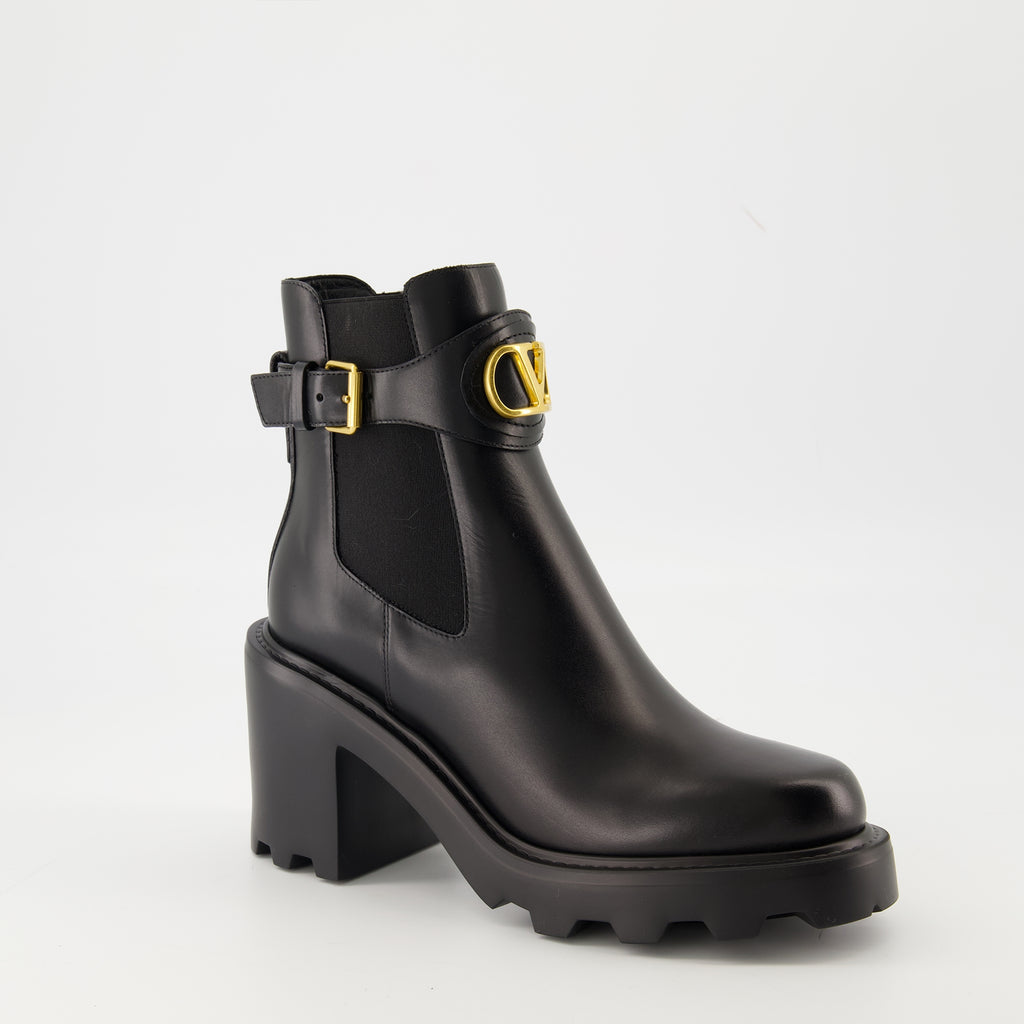Bottines Beatle VLogo Black Leather Ankle Boots Valentino Garavani Noir Femme