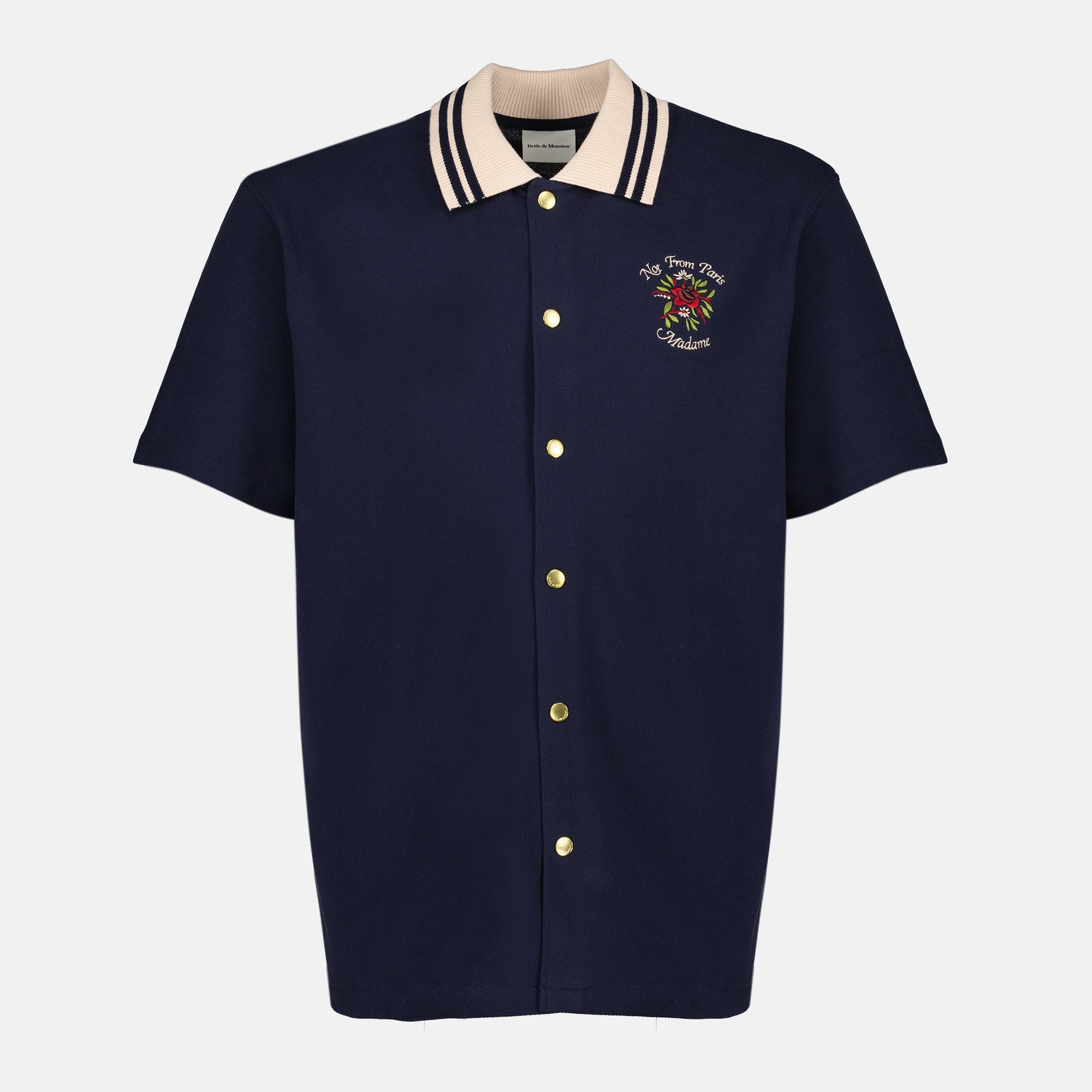Image de l'article Chemise en coton piquée Slogan Rose bleu marine de la marque Drole De Monsieur pour Homme - Saison Printemps-Été 2026 - Vue de Face