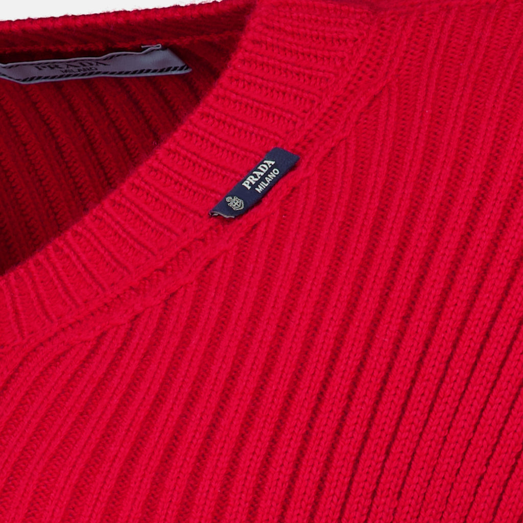 Maille Sweater de Malha Canelada de Manga Curta em Vermelho Prada Rouge Femme
