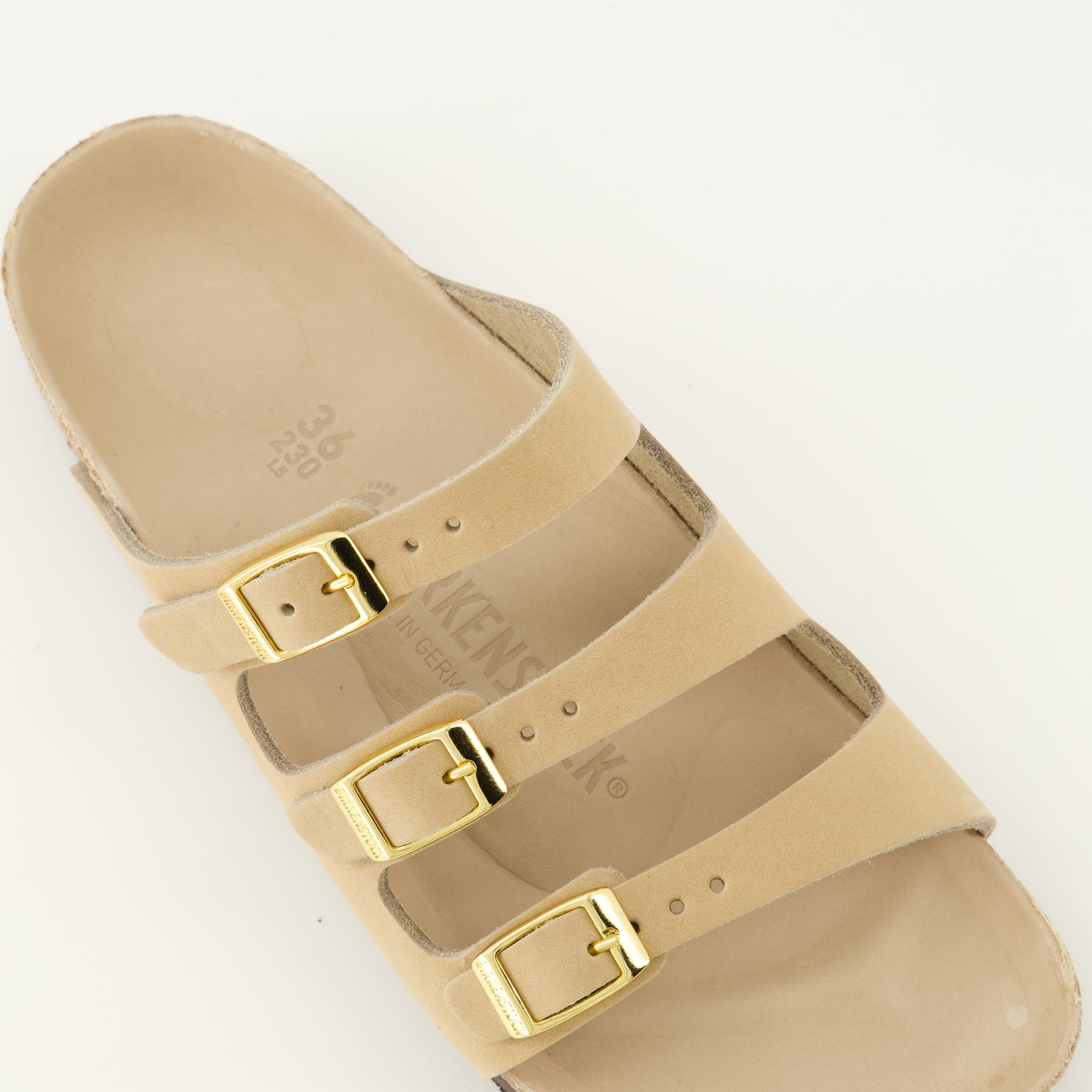 Image of the Beige Nubuck Leather Florida Sandals by Birkenstock for Women - Spring-Summer Season 2026 - Top Detailed View