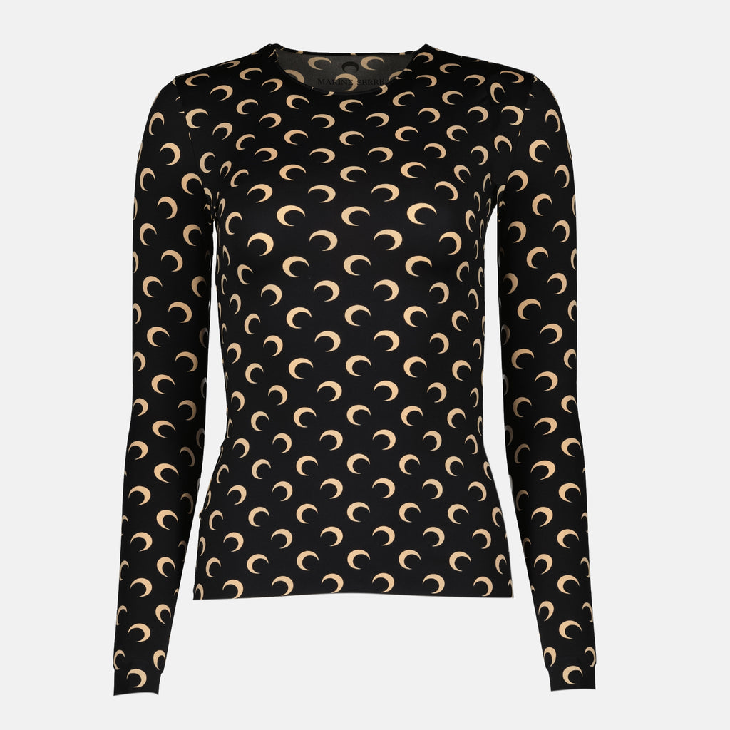 Image of the black and beige Jersey Moon Top by Marine Serre for Women - Fall-Winter 2025 - Front View