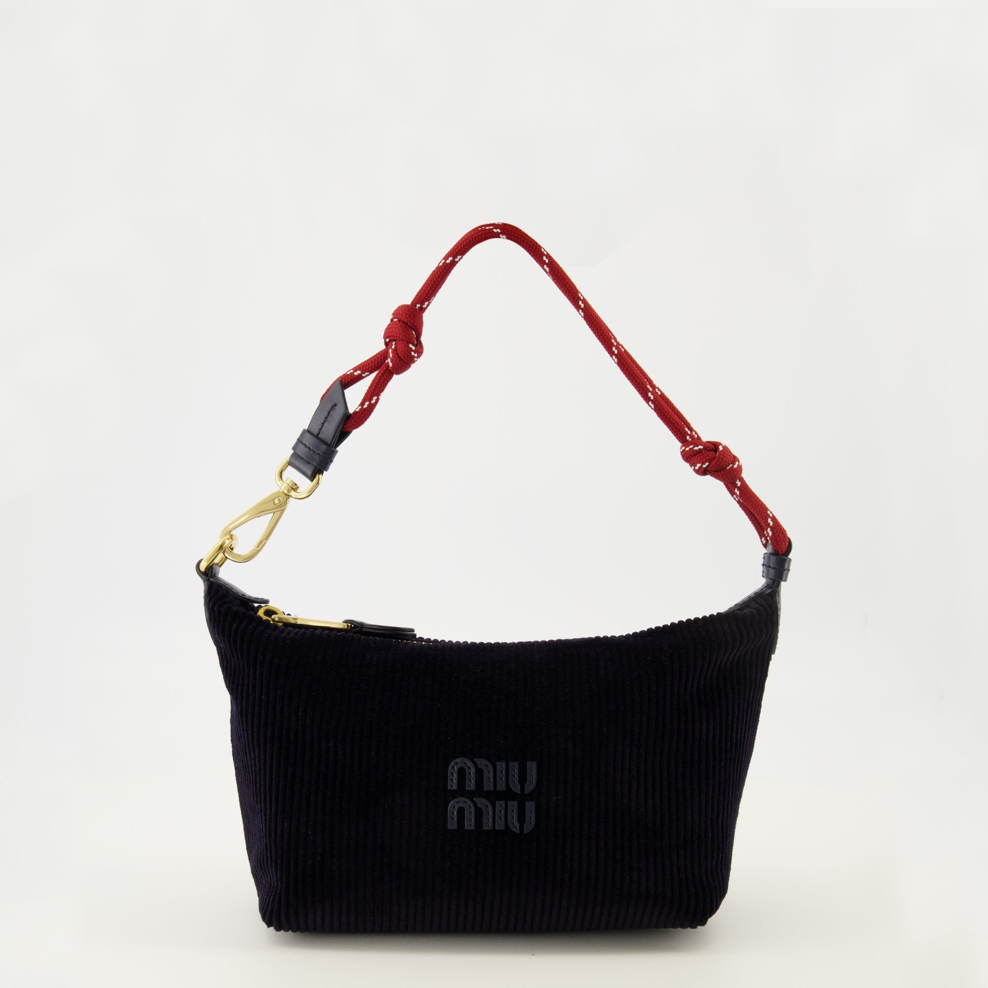 Imagem da clutch em veludo corduroy azul marinho da marca Miu Miu para mulher - Temporada Primavera-Verão 2026 - Vista Frontal