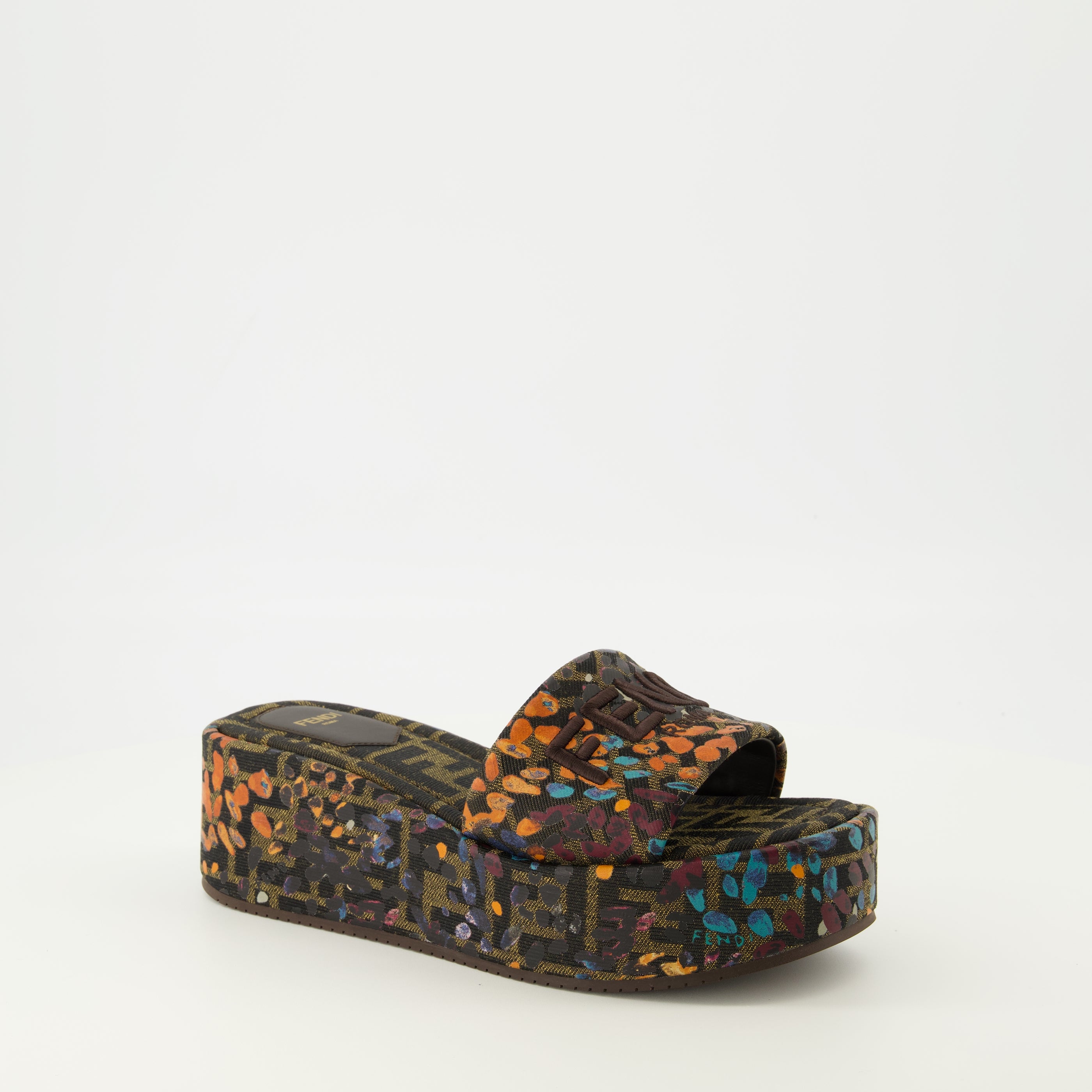 Imagem das mules de salto plataforma com padrão floral FF da Fendi para Mulher - Coleção Primavera-Verão 2026 - Vista Traseira