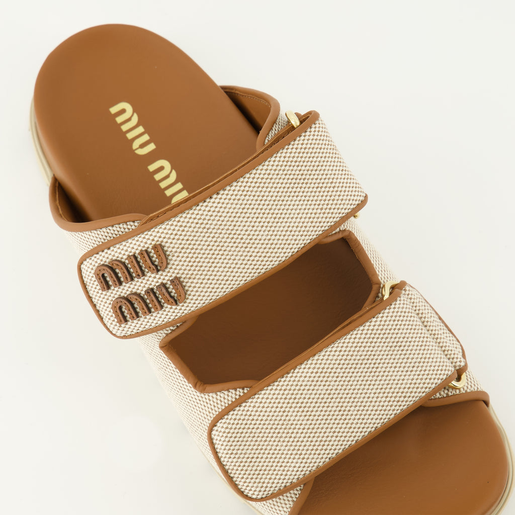 Image of the Miu Miu Beige Canvas Mules for Women - Spring-Summer 2026 - Top Detailed View