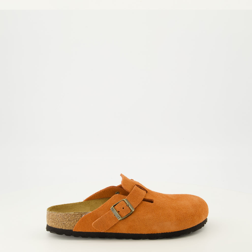 Image of the Birkenstock orange suede Boston clogs for Unisex - Spring-Summer 2026 season - Right side view