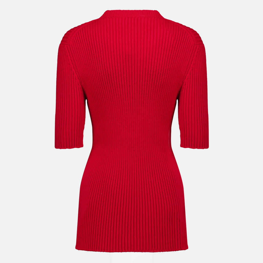 Maille Sweater de Malha Canelada de Manga Curta em Vermelho Prada Rouge Femme