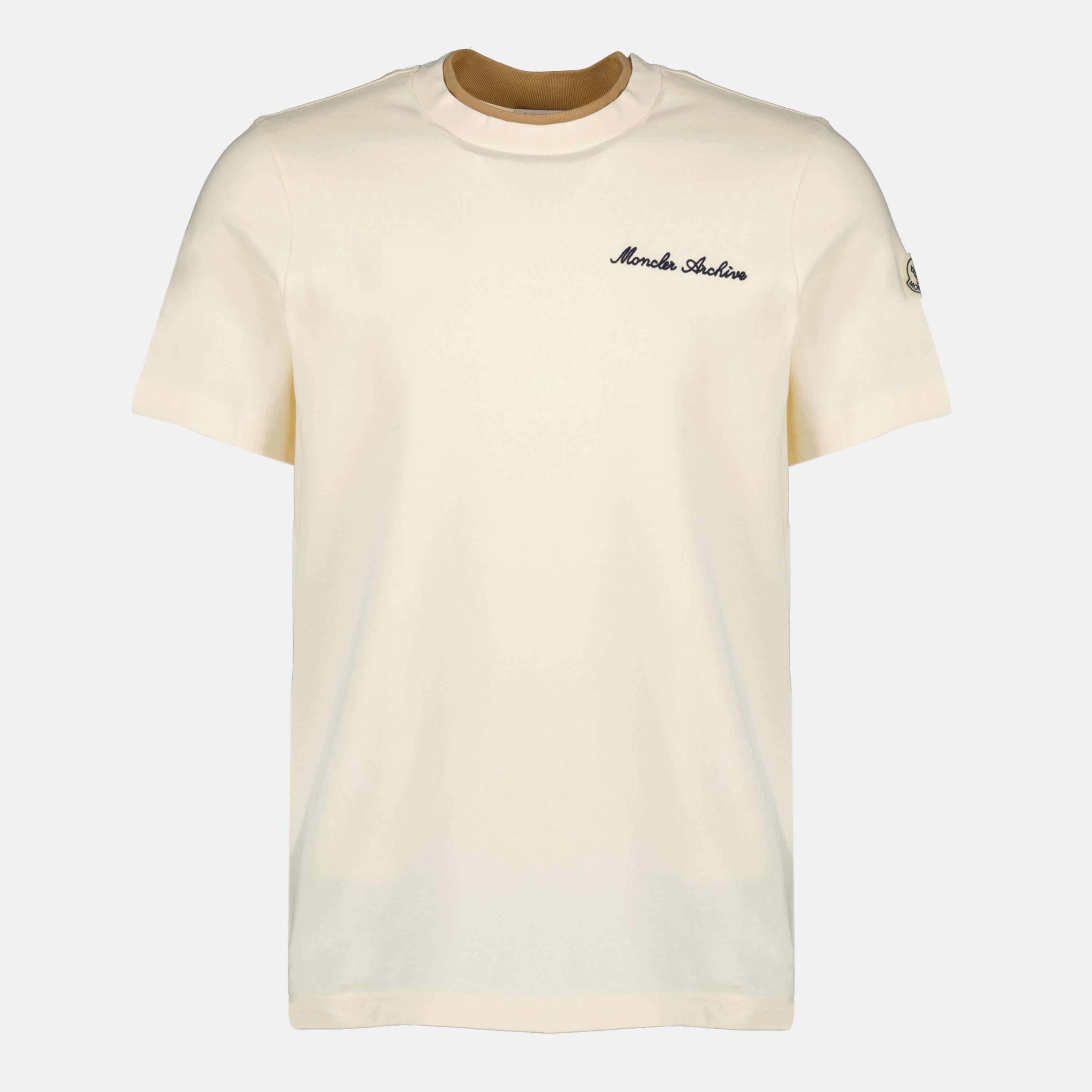 Immagine della T-shirt beige ricamata del marchio Moncler per uomo - Stagione Primavera-Estate 2026 - Visibilità Frontale