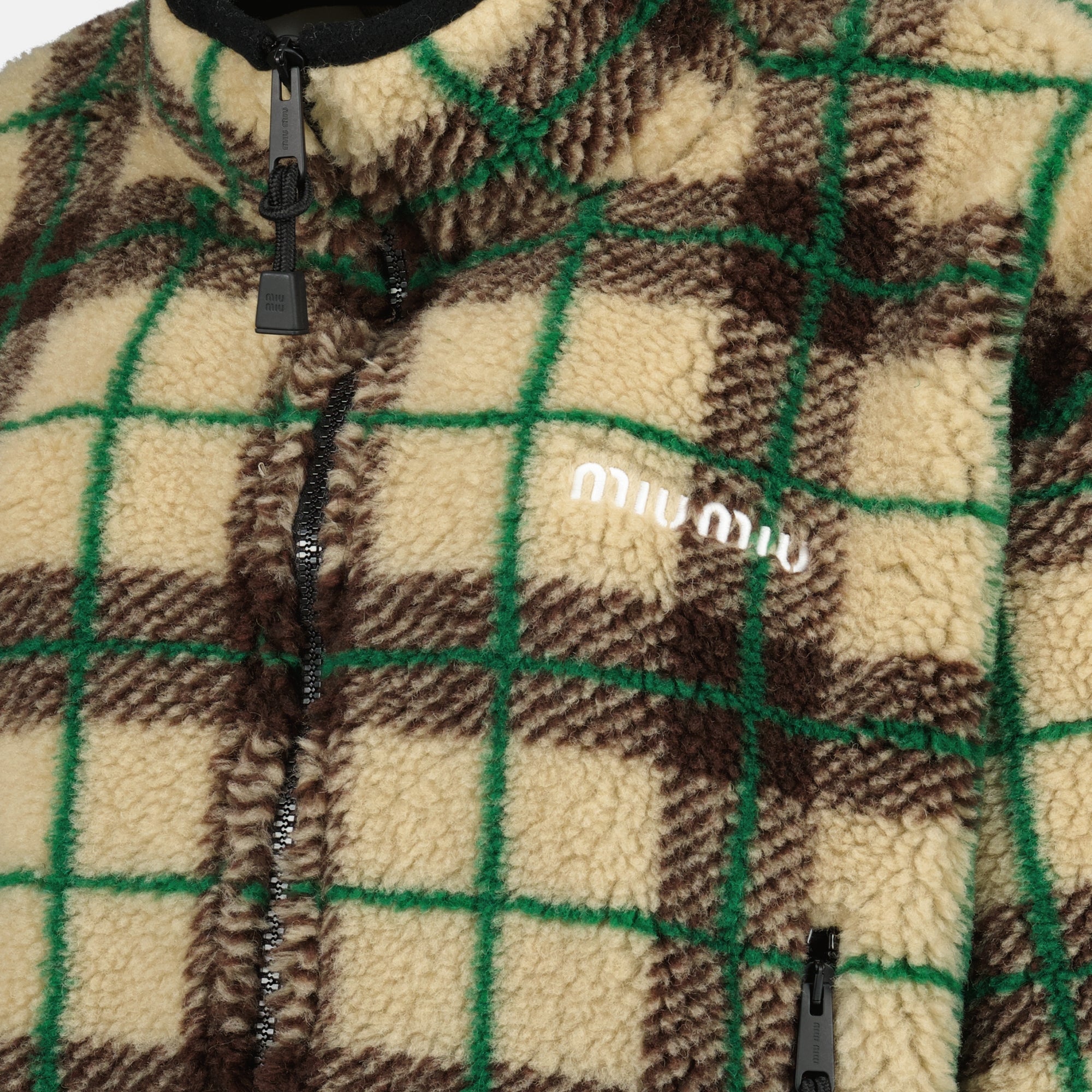Image of the article Beige plaid fleece jacket from the brand Miu Miu for Women - Spring-Summer 2026 - Detailed View_1