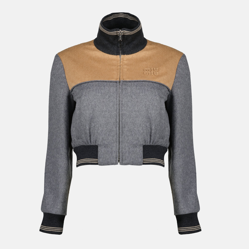 Image of the Miu Miu Women's Gray Velvet Zip Jacket - Spring-Summer 2026 - Front View