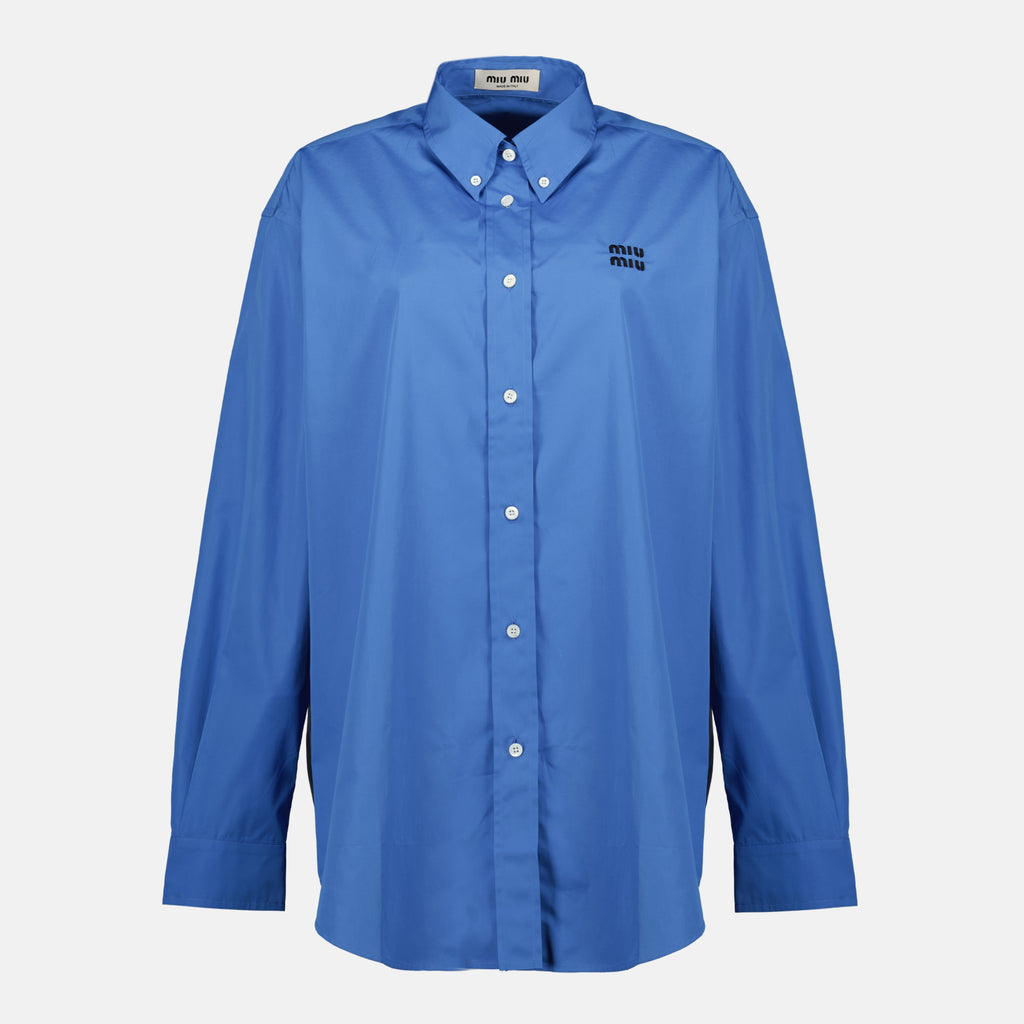 Immagine della camicia oversize in popeline blu di Miu Miu per donna - Primavera-Estate 2026 - Vista Fronte