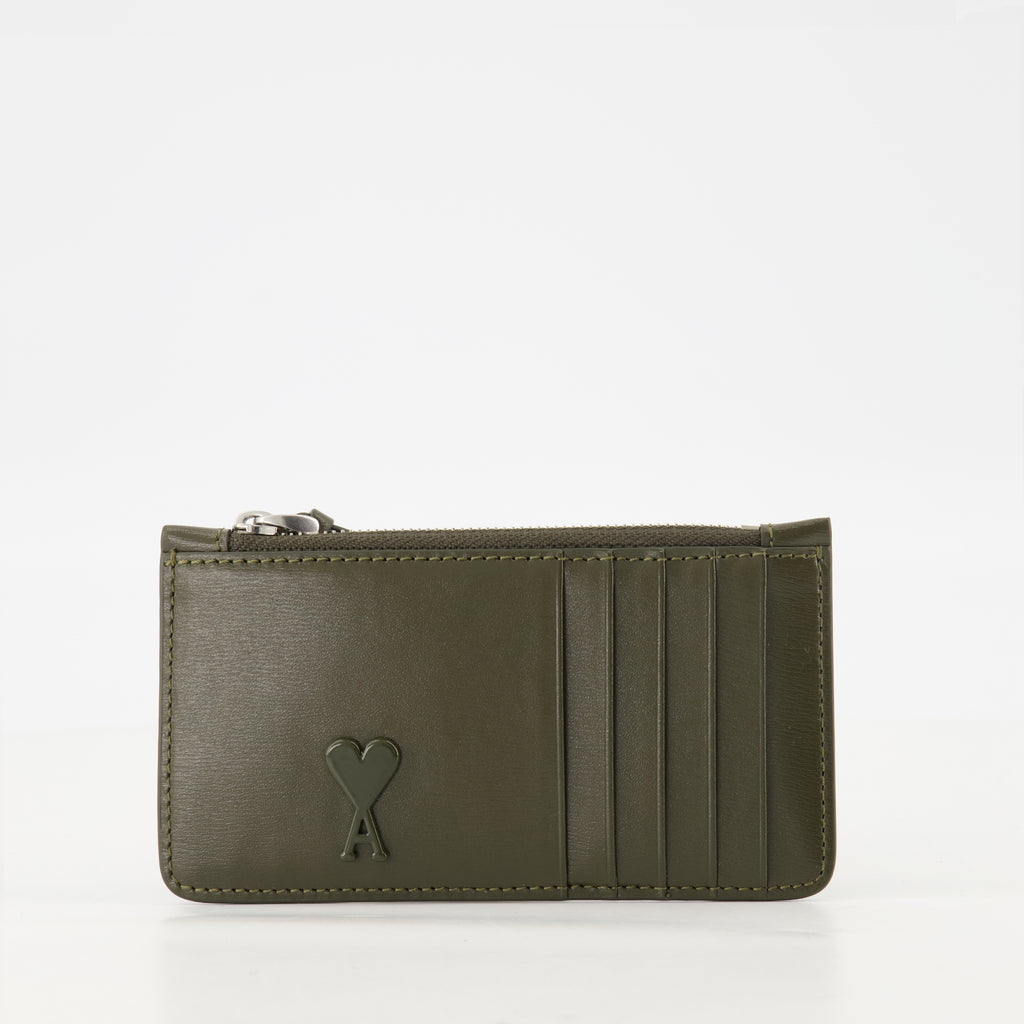 Small leather goods AMI Heart Zipper Wallet Ami PARIS Khaki Unisex