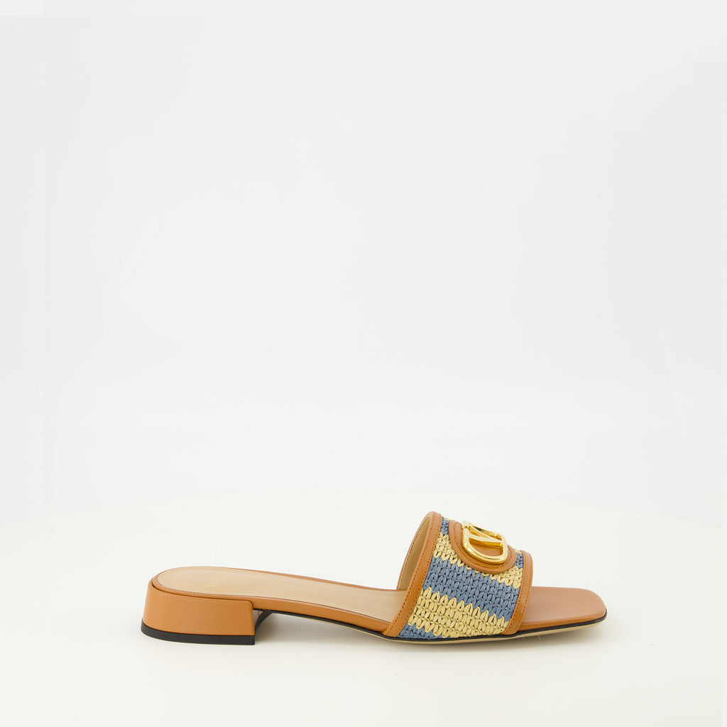 Image of Vlogo Sandals in beige and blue raffia by Valentino Garavani for Women - Spring-Summer 2026 Season - Right side view