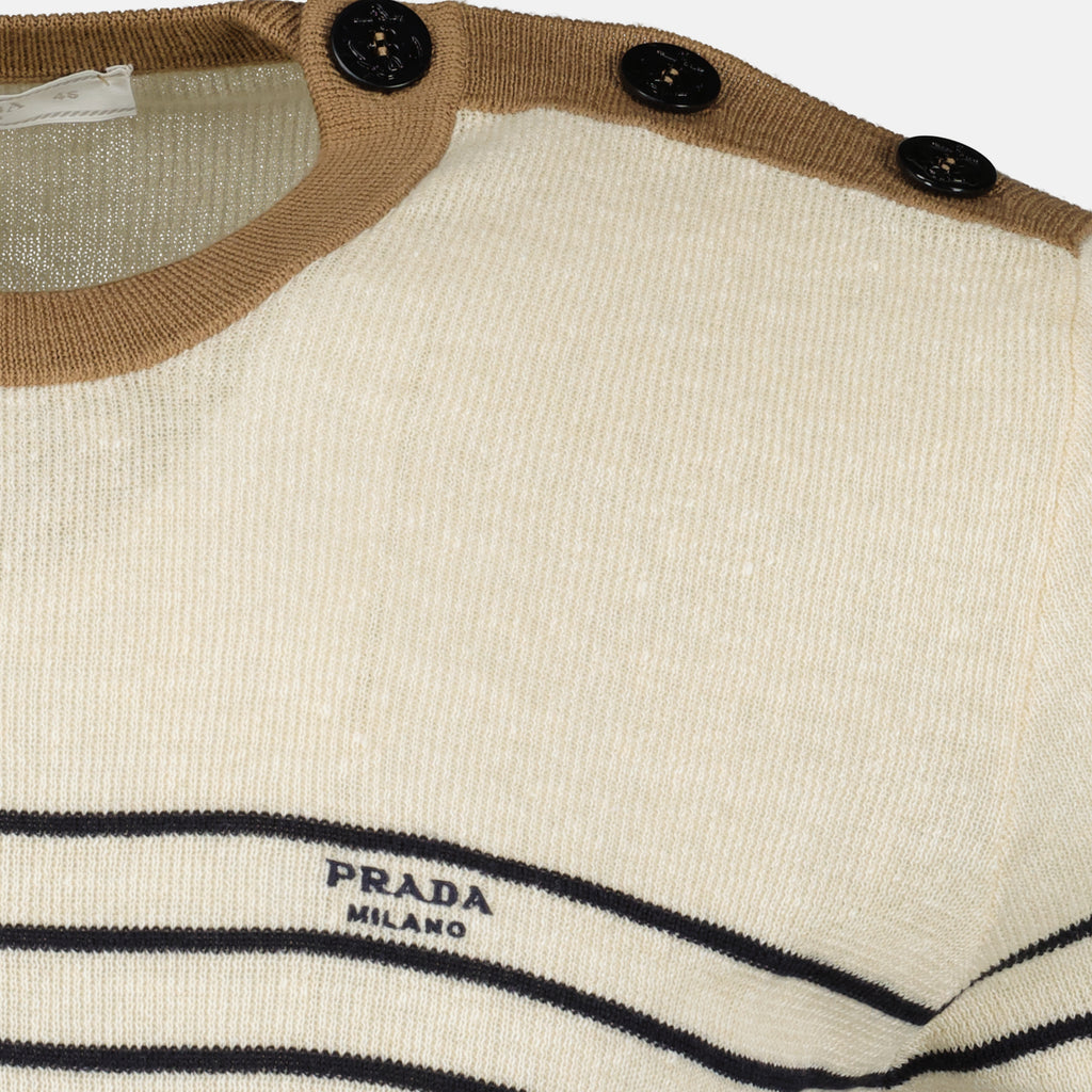 Image de l'article Pull en linge beige à rayures de la marque Prada pour Homme - Saison Printemps-Été 2026 - Vue détaillée_2
