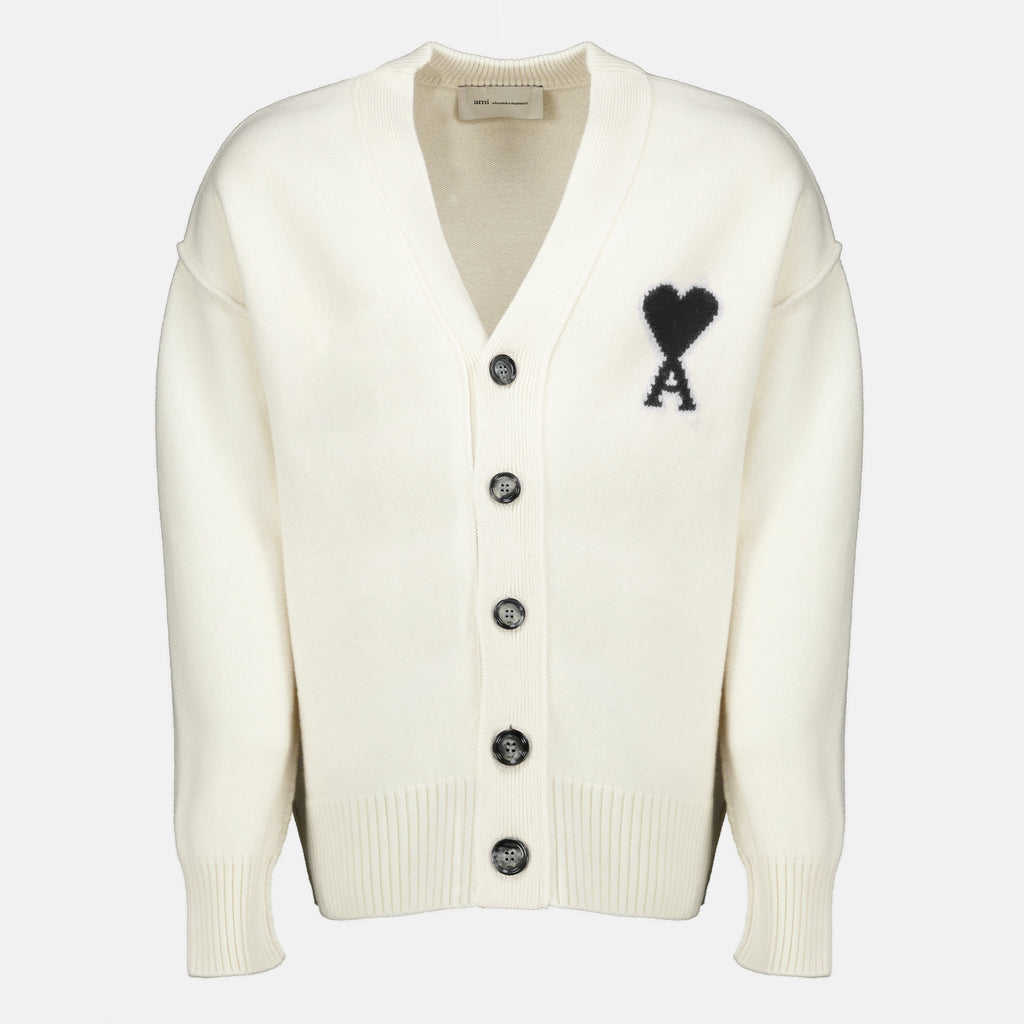 Maille Cardigan de Lã Branco AMI Coração Ami PARIS Blanc Unisexe