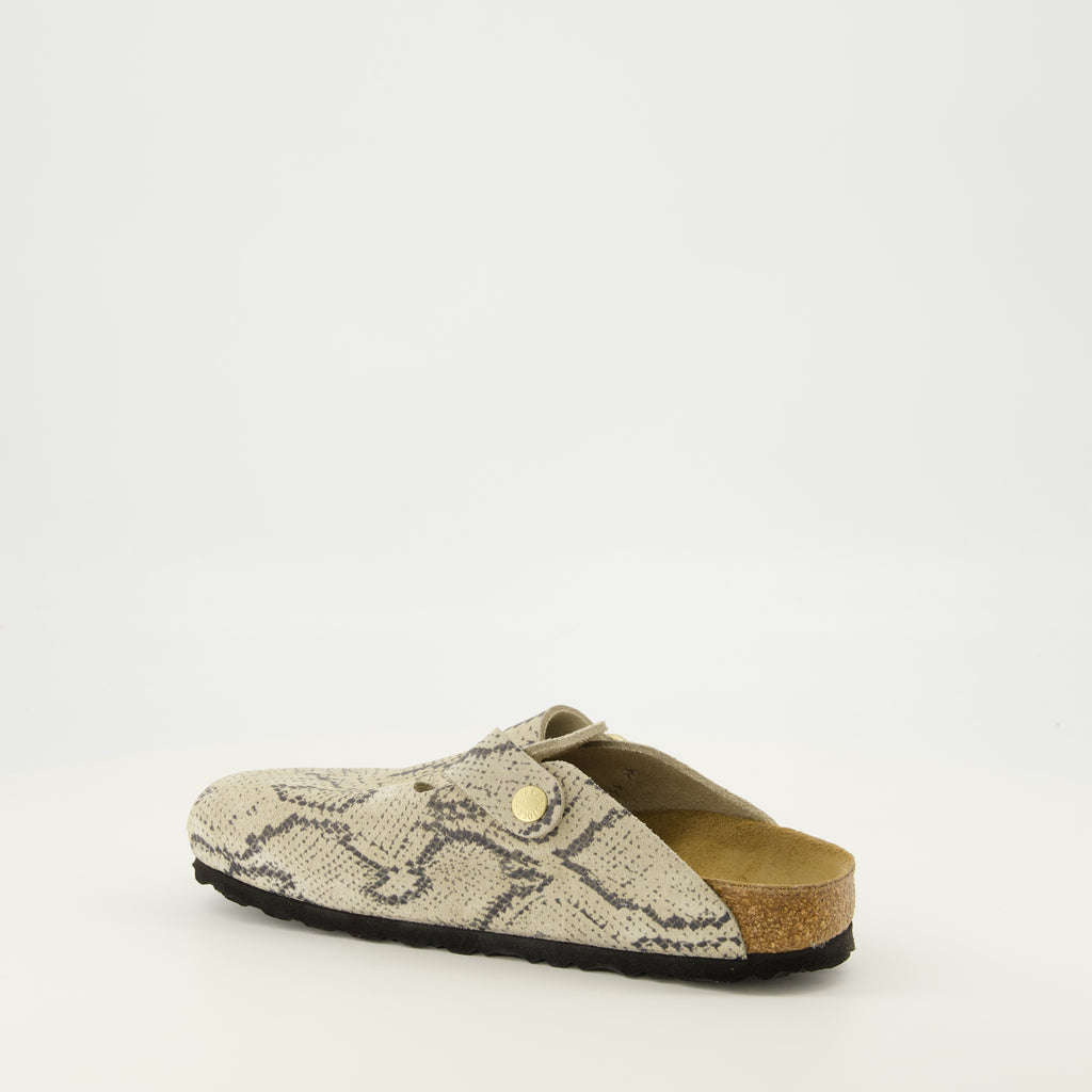 Chaussures ouvertes Mules Boston à motif serpent Birkenstock Beige Femme