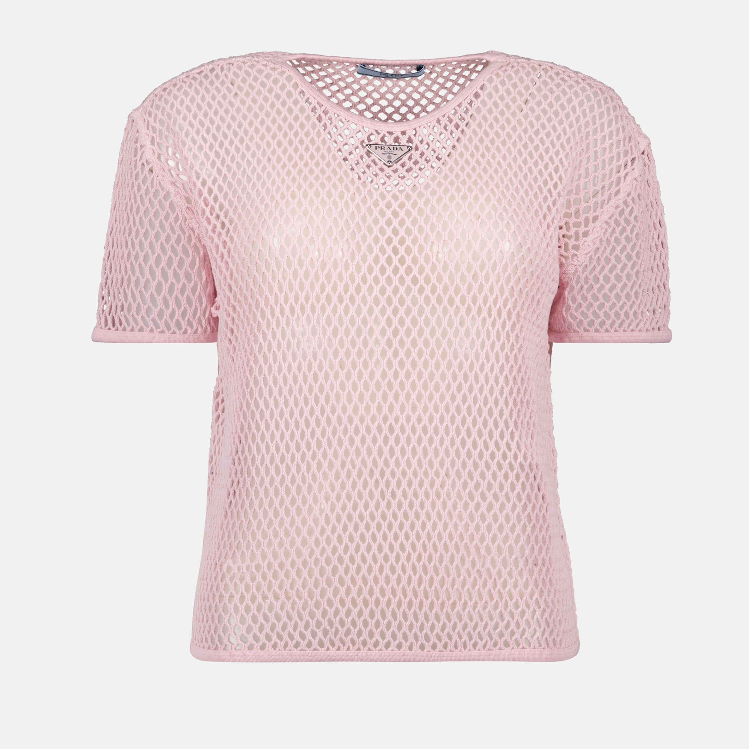 T-shirt Top in Mesh di Cotone Prada Rosa Femme
