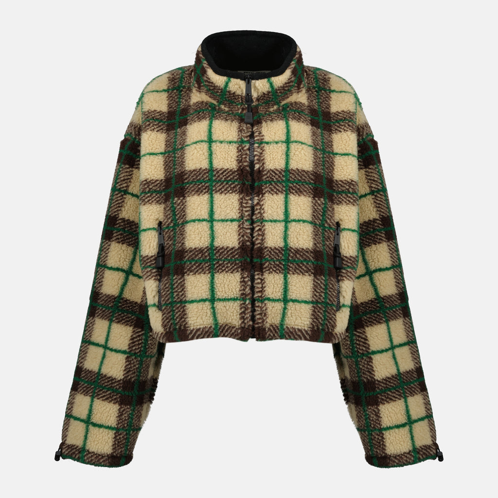 Image of the article Beige plaid fleece jacket from the brand Miu Miu for Women - Spring-Summer 2026 - Front View