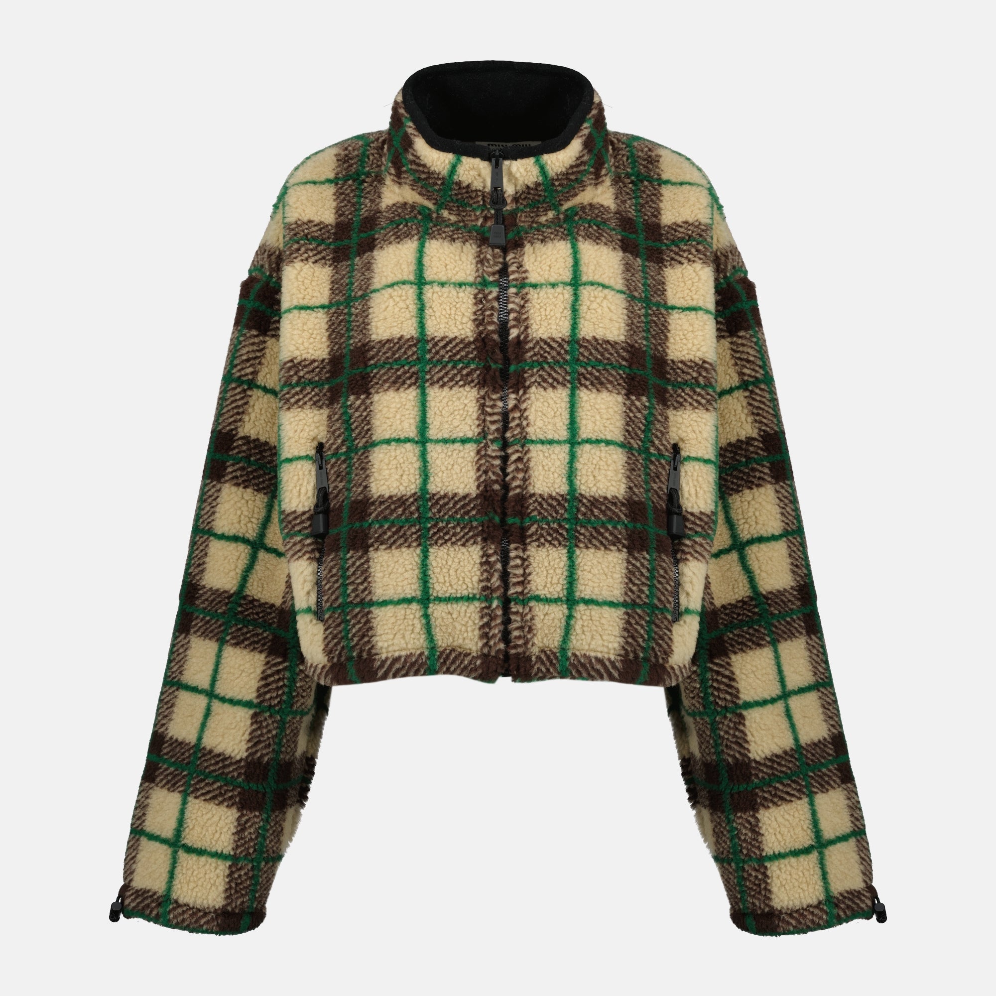 Image of the article Beige plaid fleece jacket from the brand Miu Miu for Women - Spring-Summer 2026 - Front View
