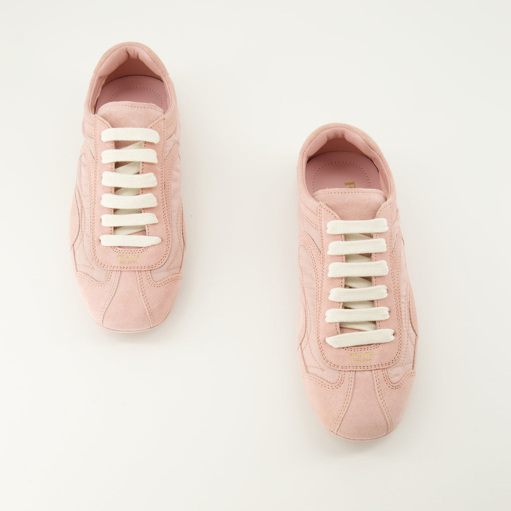 Image de l'article Baskets Montecarlo rose de la marque Prada pour Femme - Saison Printemps-Été 2026 - Vue de dessus paire de chaussure