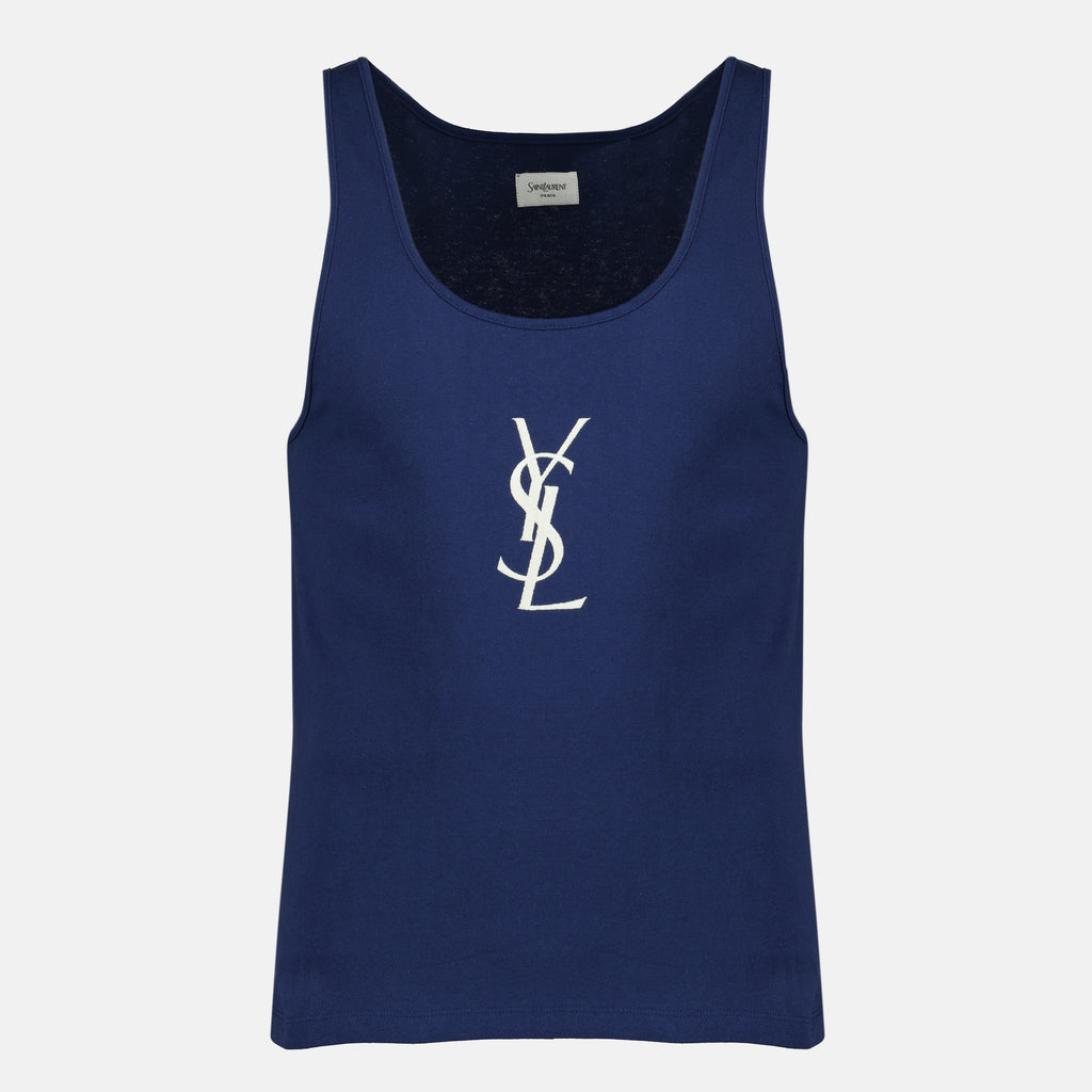 Image de l'article Débardeur Cassandre en coton bleu marine de la marque Saint Laurent pour Homme - Saison Printemps-Été 2026 - Vue de Face