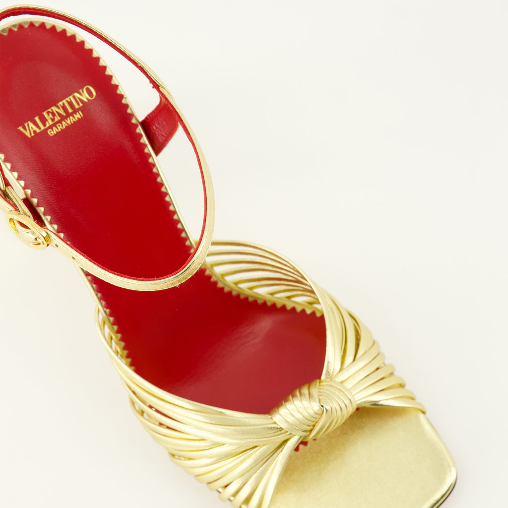Image of the Annet heeled sandals in gold lamé by Valentino Garavani for Women - Spring-Summer 2026 - Top detailed view