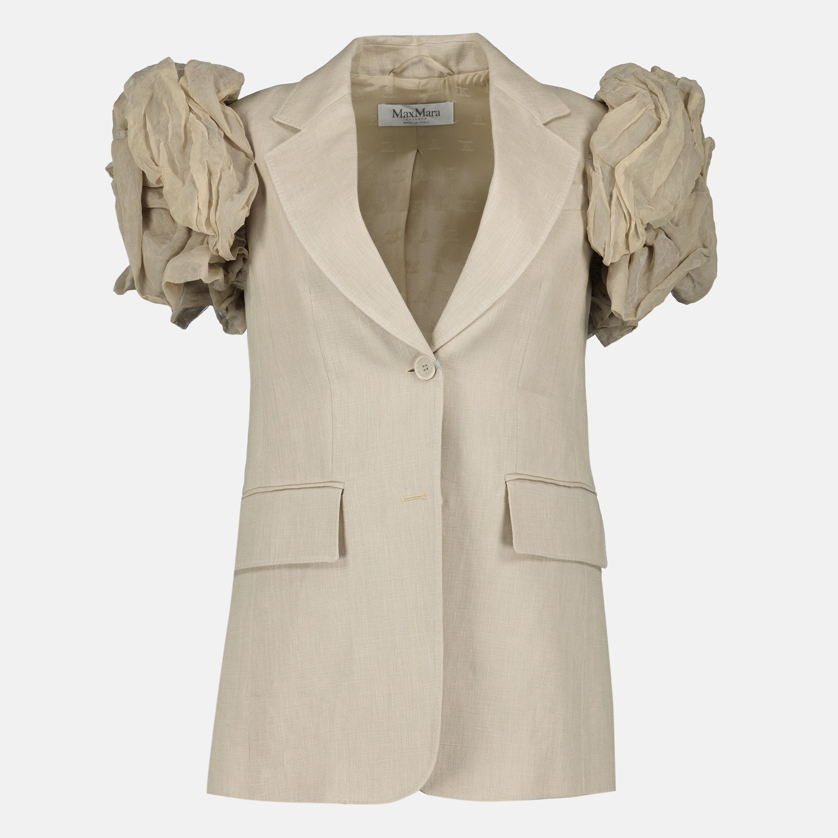 Immagine dell'articolo Giacca senza maniche beige in lino con volant di Max Mara per Donna - Stagione Primavera-Estate 2026 - Vista Frontale