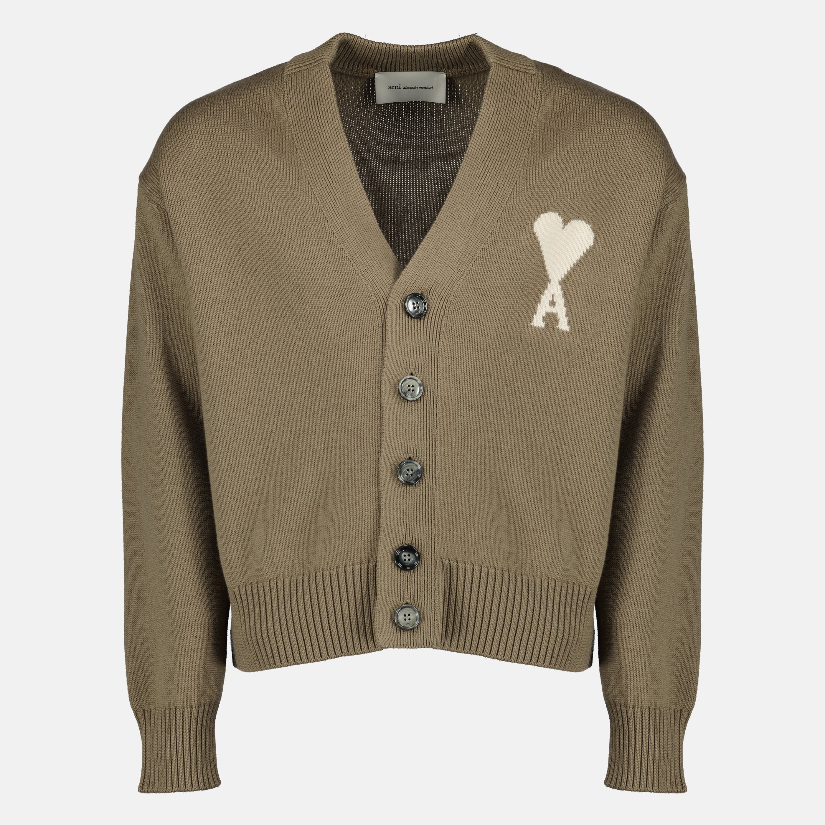 Image de l'article Cardigan AMI de coeur beige en laine et coton de la marque Ami PARIS pour Unisex - Saison Printemps-Été 2026 - Vue de Face