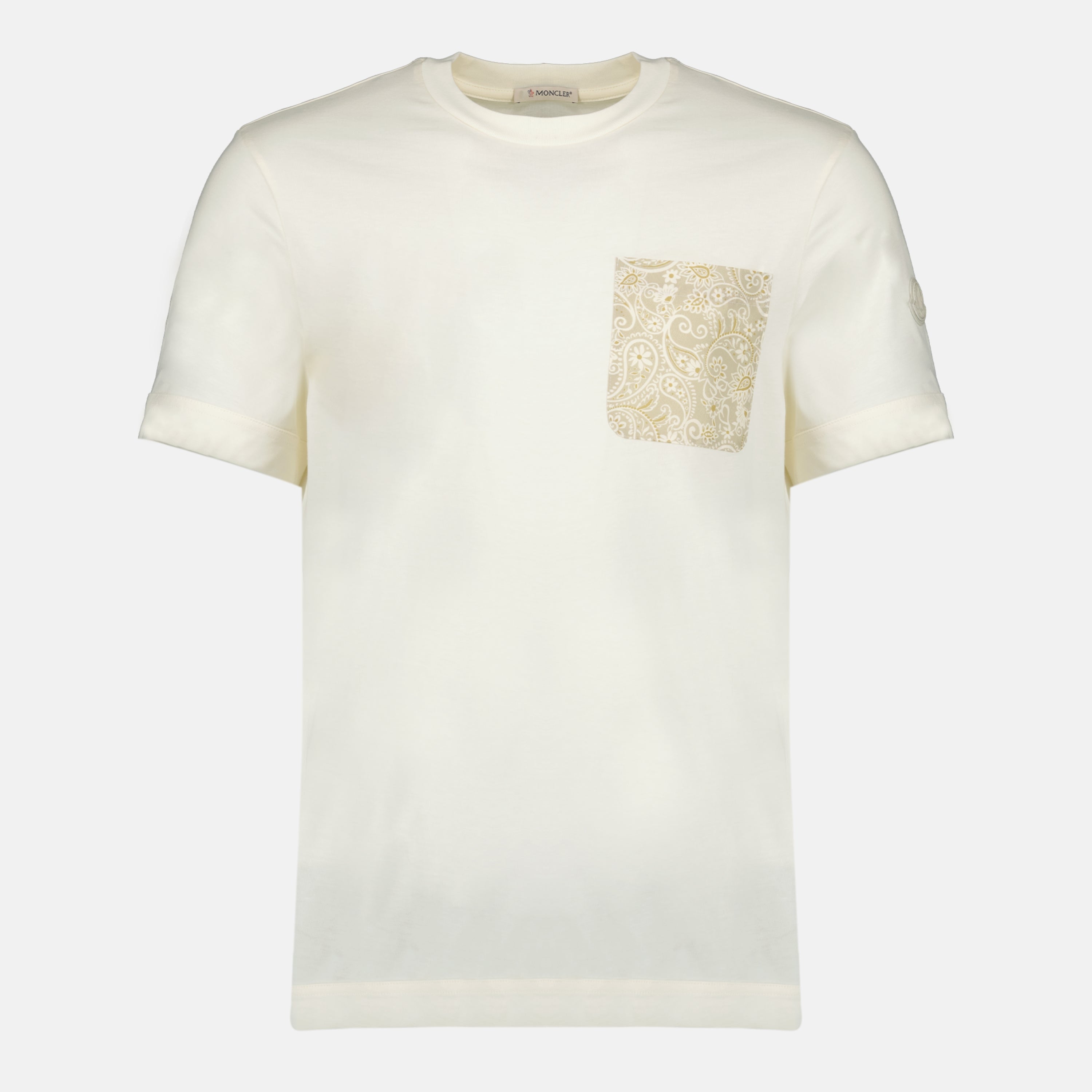 Image de l'article T-shirt à poche imprimé cachemire beige de la marque Moncler pour Homme - Saison Printemps-Été 2026 - Vue de Face