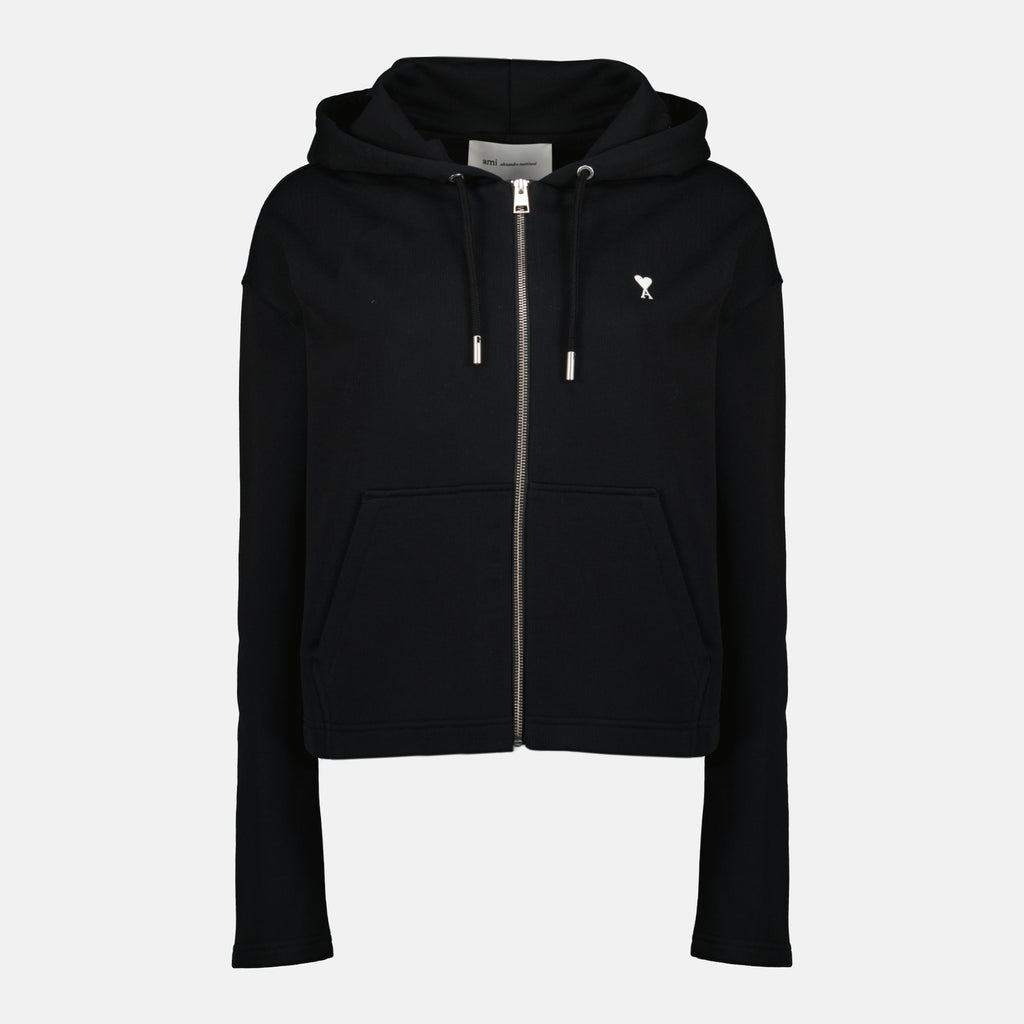 Immagine della felpa nera con zip e cappuccio del marchio Ami PARIS per donna - Stagione Primavera-Estate 2026 - Vista Frontale
