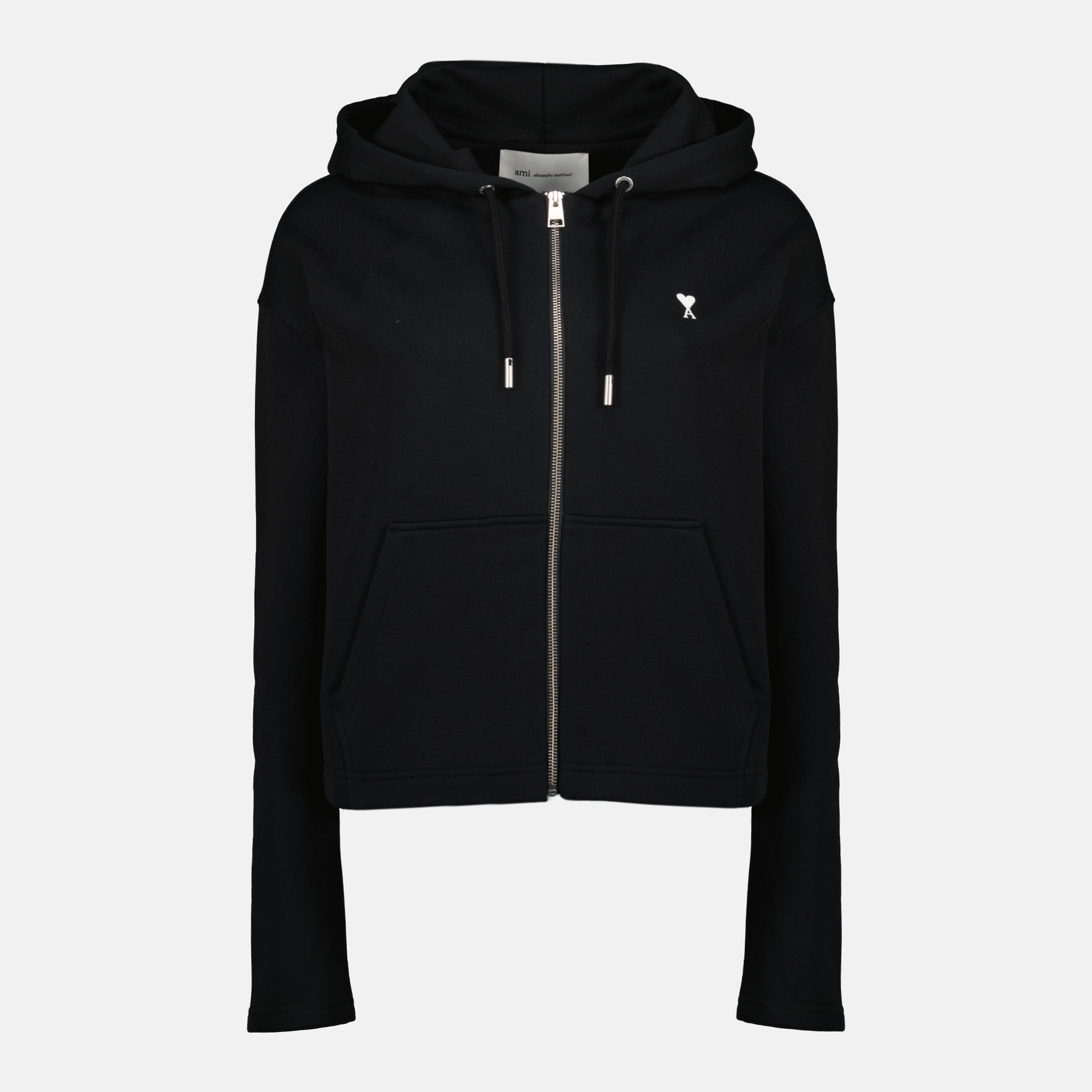 Image de l'article Sweat zippé noir à capuche de la marque Ami PARIS pour Femme - Saison Printemps-Été 2026 - Vue de Face