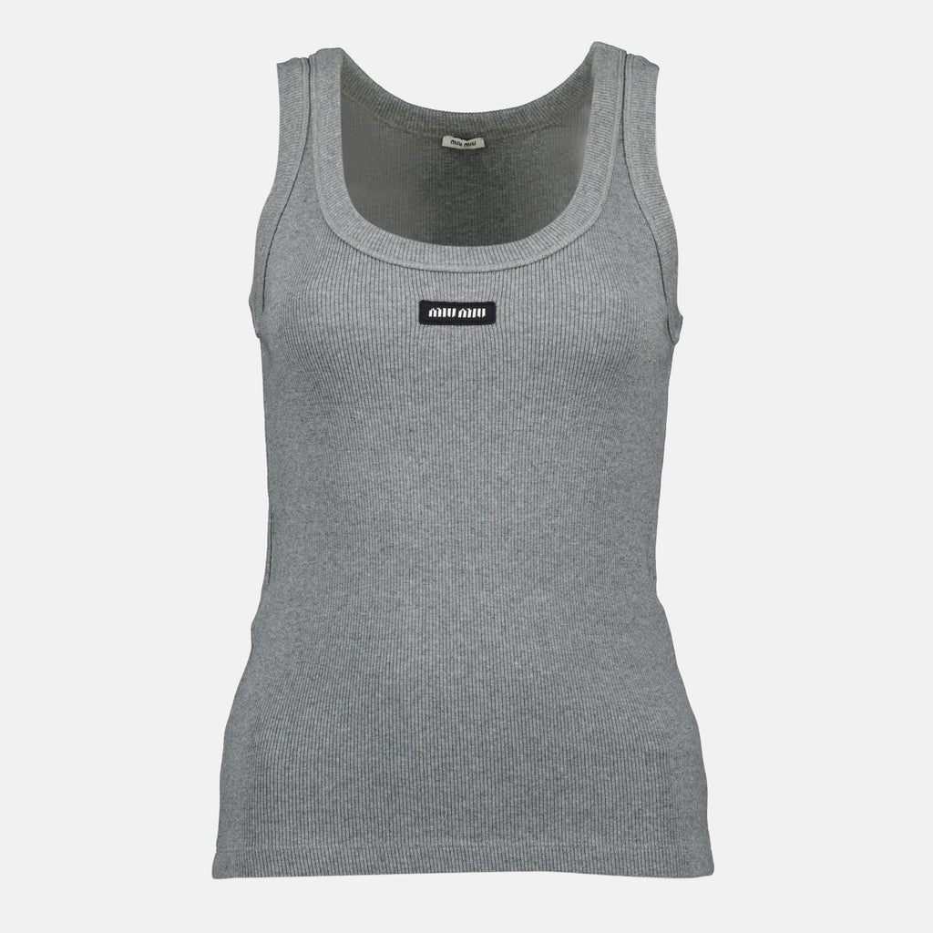 ミュウミュウの女性用グレーリブタンクトップの画像 - 2026年春夏 - 正面ビュー