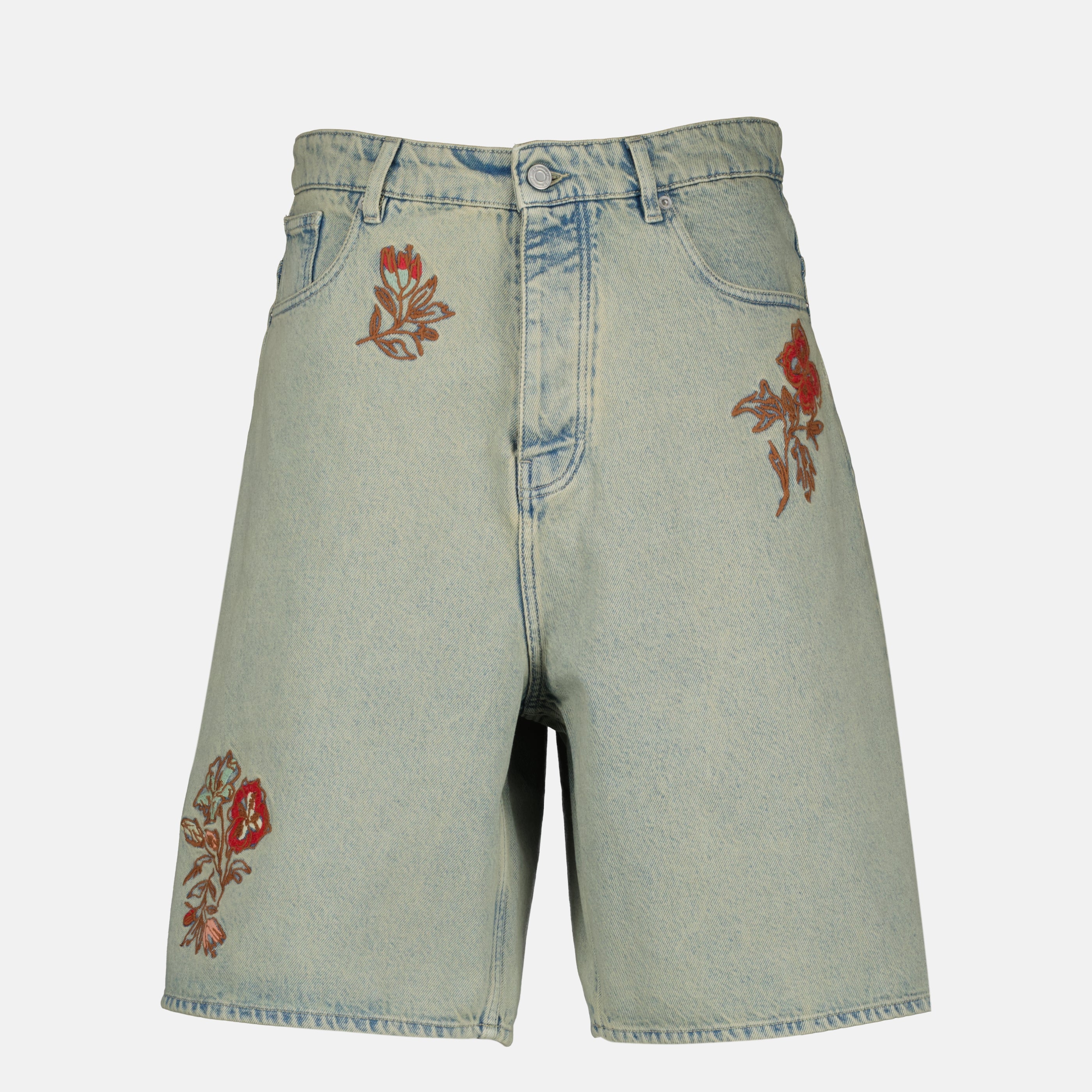 Drole De Monsieur의 남성용 파란색 데님 꽃 자수 반바지 이미지 - 2026 봄-여름 시즌 - 정면 보기