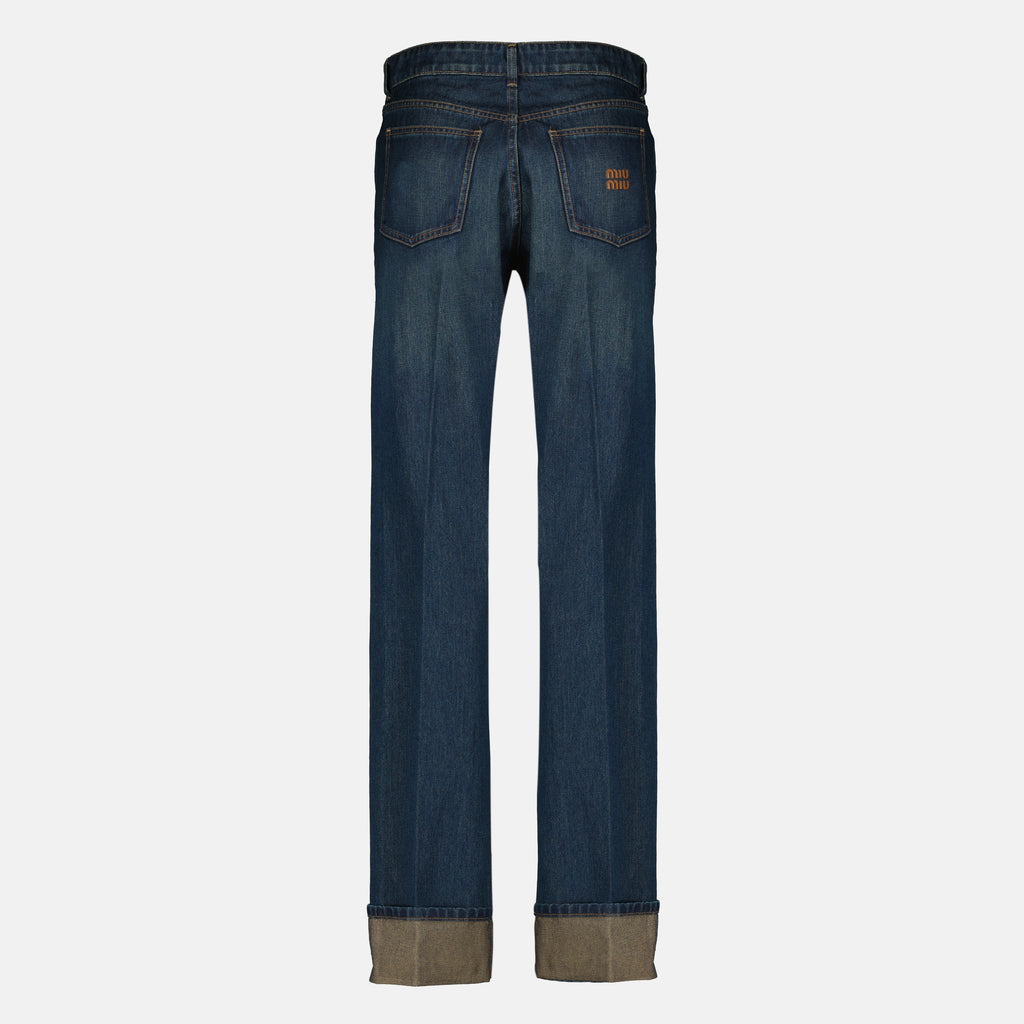Image of the Miu Miu brand women's blue straight jeans - Spring-Summer 2026 - Detailed View_1