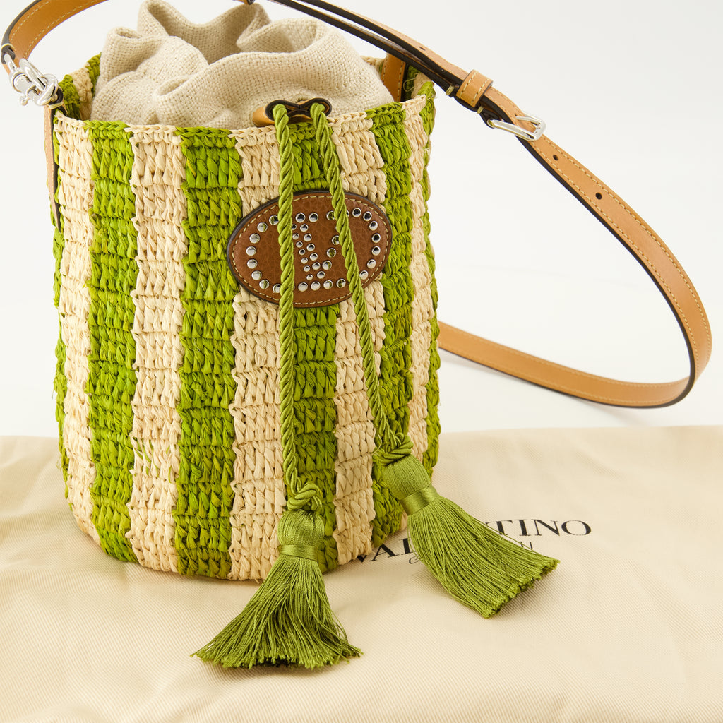 Sacs seau Kleine gestreifte grüne Raffia-Bucket-Hüfttasche Valentino Garavani Vert Femme