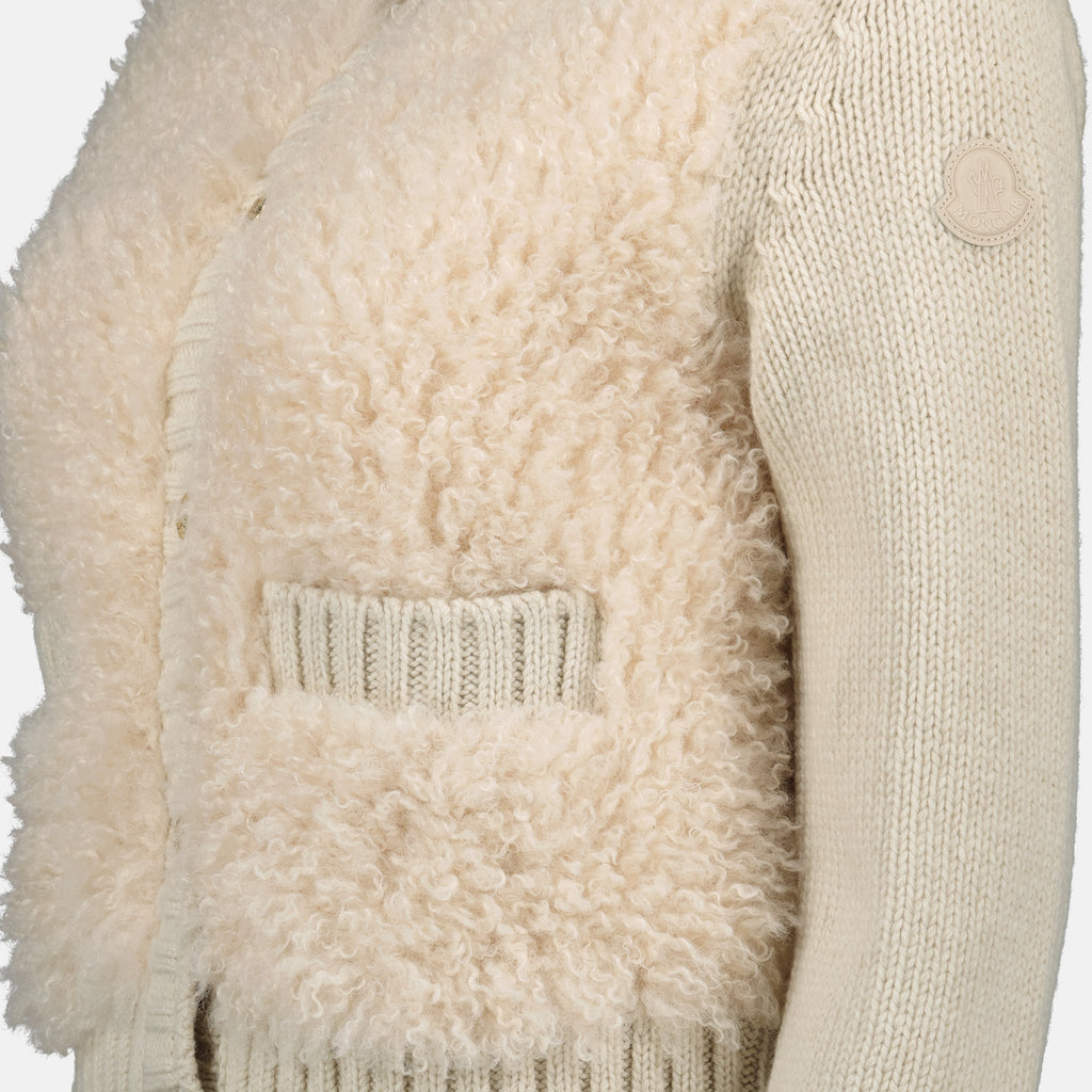 Image de l'article Cardigan en laine et teddy beige de la marque Moncler pour Femme - Saison Automne-Hiver 2025 - Vue détaillée_1