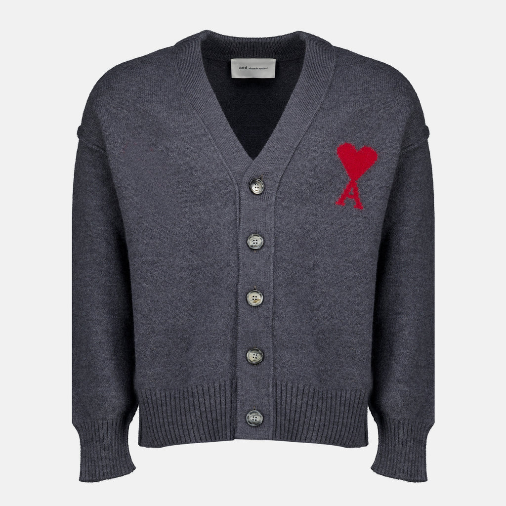Maille AMI Herz Cardigan aus grauer Wolle Ami PARIS Gris Unisexe