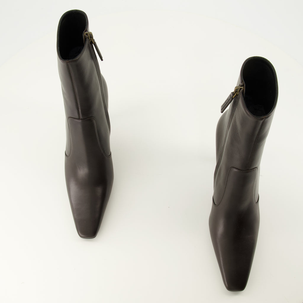 Bottines 오피움 앵클 부츠 브라운 레더 Saint Laurent Marron Femme