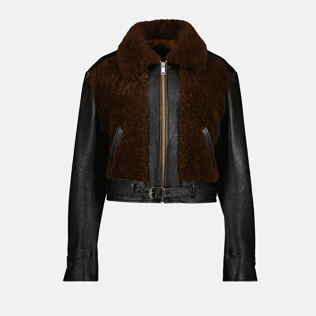 Image de l'article Blouson en cuir et laine de la marque Prada pour Femme - Saison Automne-Hiver 2025 - Vue de Face