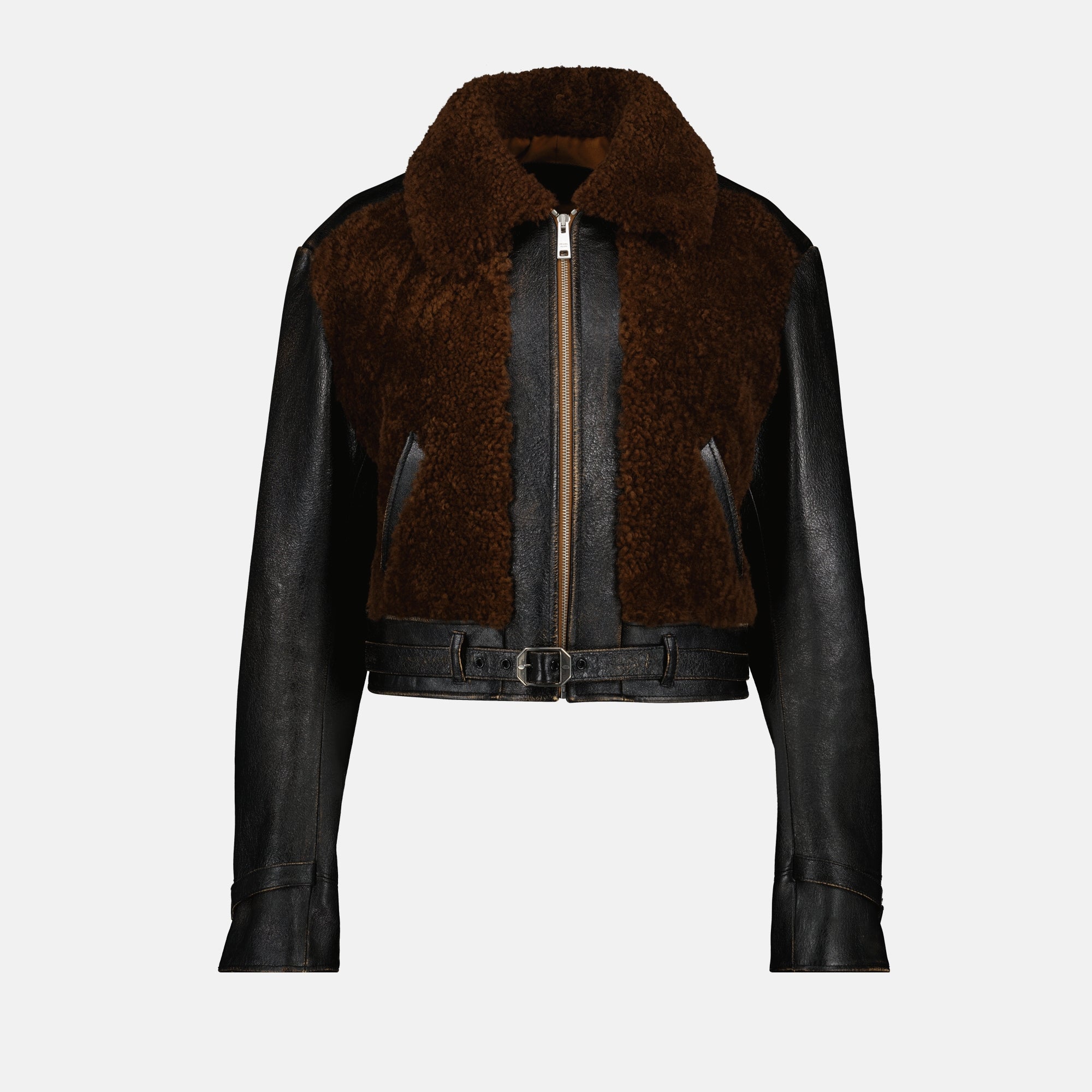 Image de l'article Blouson en cuir et laine de la marque Prada pour Femme - Saison Automne-Hiver 2025 - Vue de Face