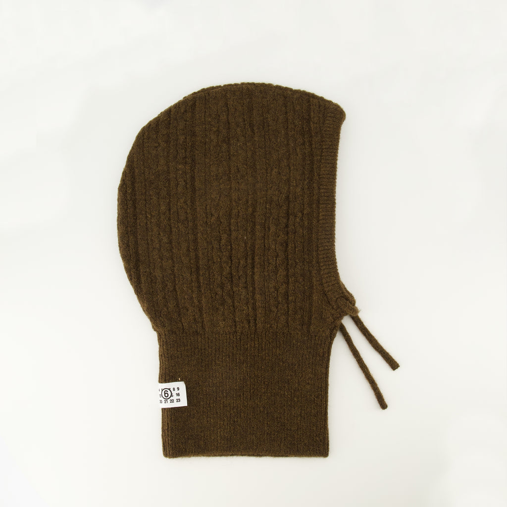 Image of the brown knit hood by Mm6 for Women - Autumn-Winter 2025 - Front View
