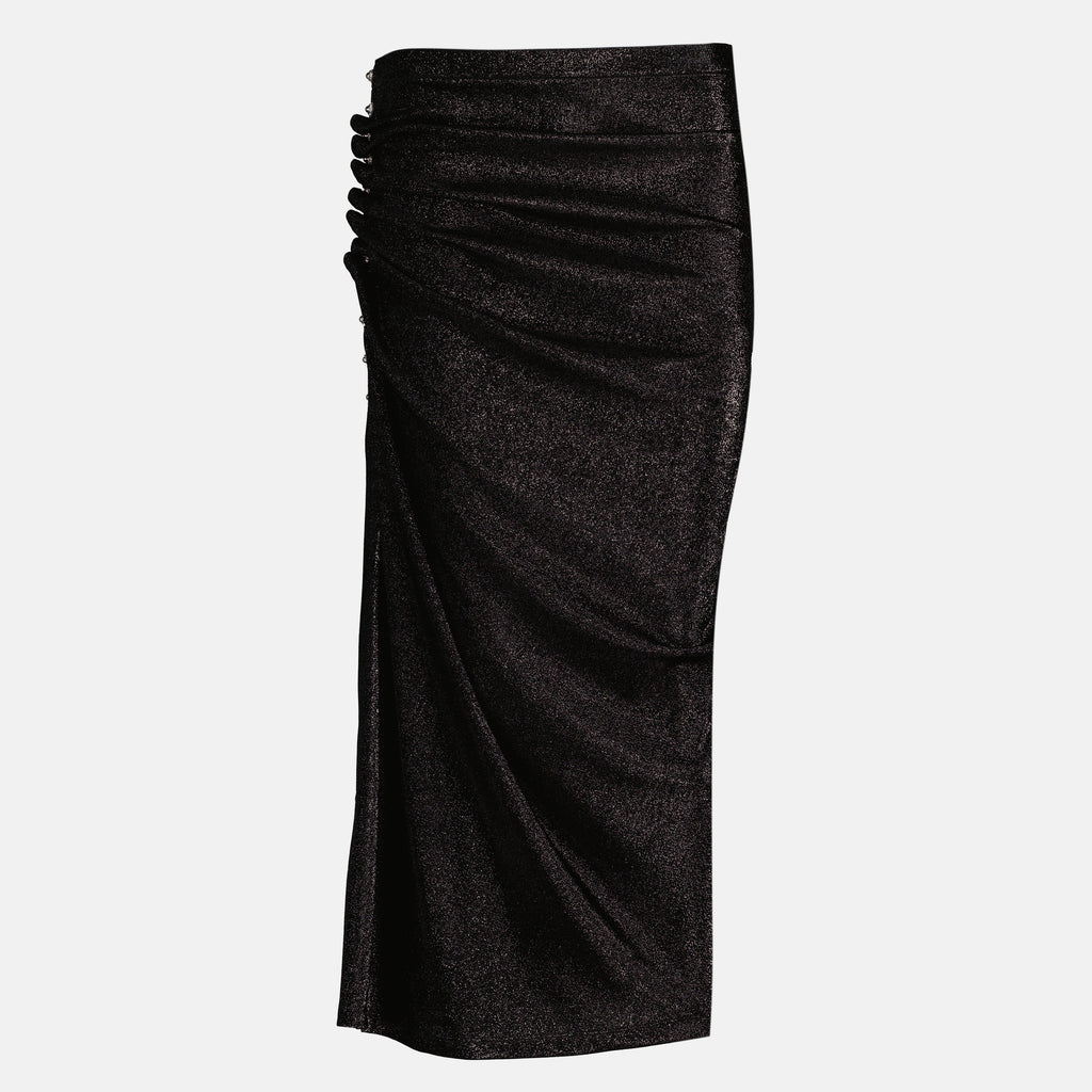 Image de l'article Jupe midi drapée en jersey noir brillant de la marque Rabanne pour Femme - Saison Printemps-Été 2026 - Vue de Face