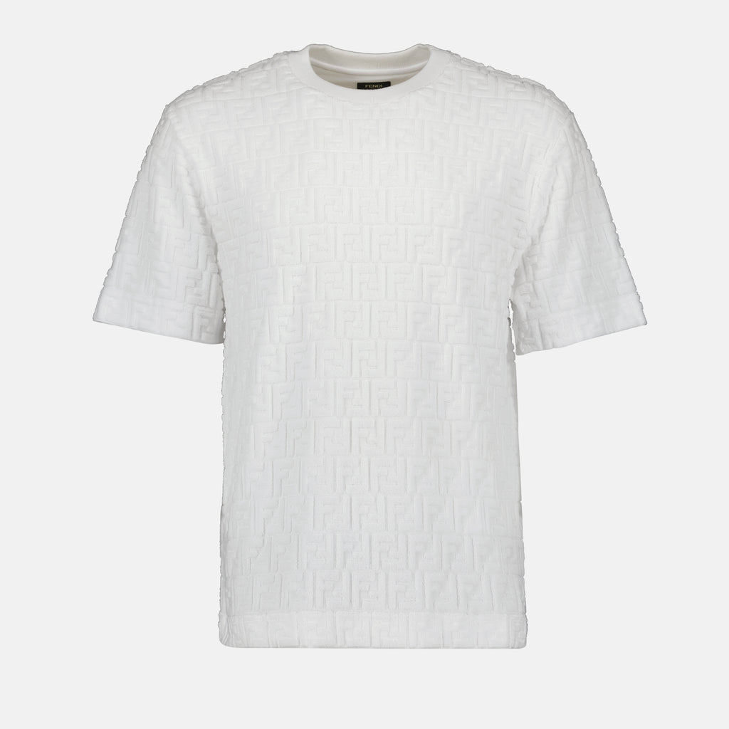T-shirt T-shirt FF en coton éponge Fendi Bianco Homme