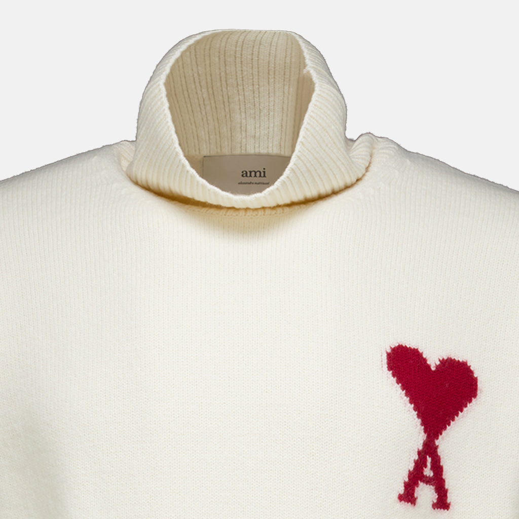 Maille Maglione Collo Alto Bianco AMI Heart Ami PARIS Blanc Unisexe