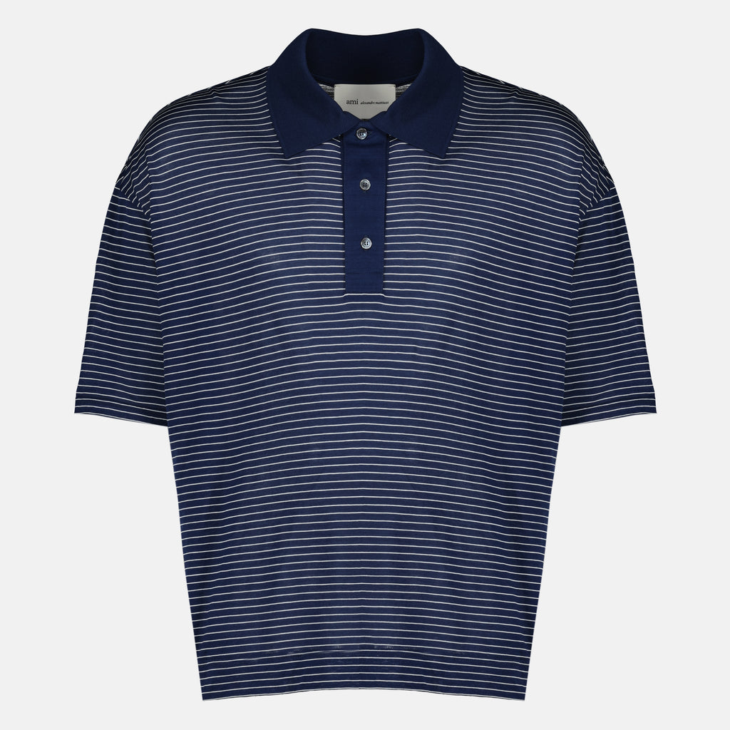 Ami PARIS 브랜드의 유니섹스용 네이비 블루 스트라이프 면 폴로 이미지 - 2026 봄-여름 - 정면 보기