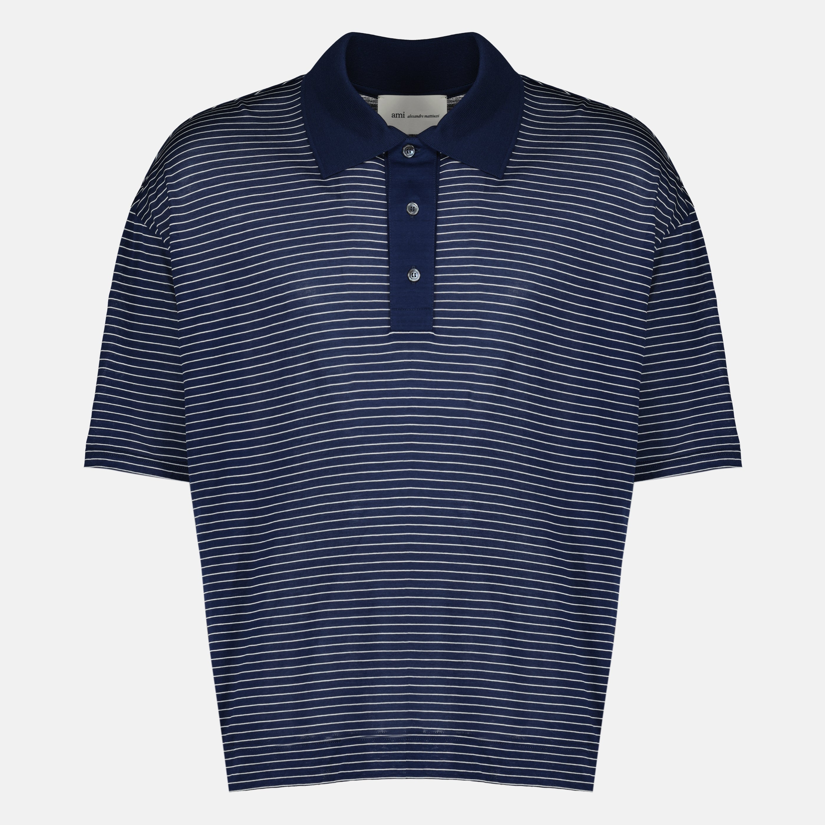 Image de l'article Polo en coton bleu marine à rayures de la marque Ami PARIS pour Unisex - Saison Printemps-Été 2026 - Vue de Face
