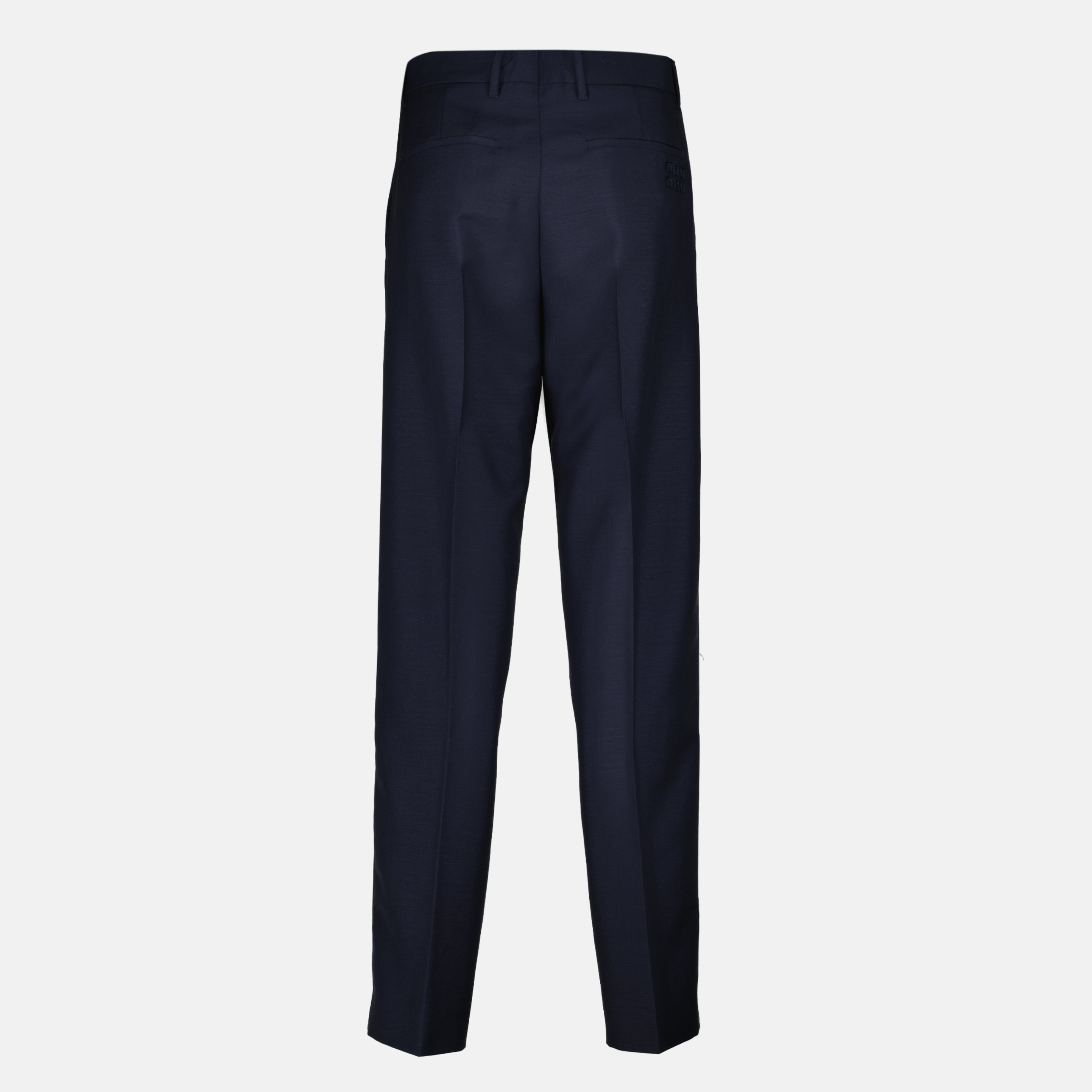 Image of the item Dark blue wool cigarette trousers by the brand Miu Miu for Women - Spring-Summer 2026 - Back View